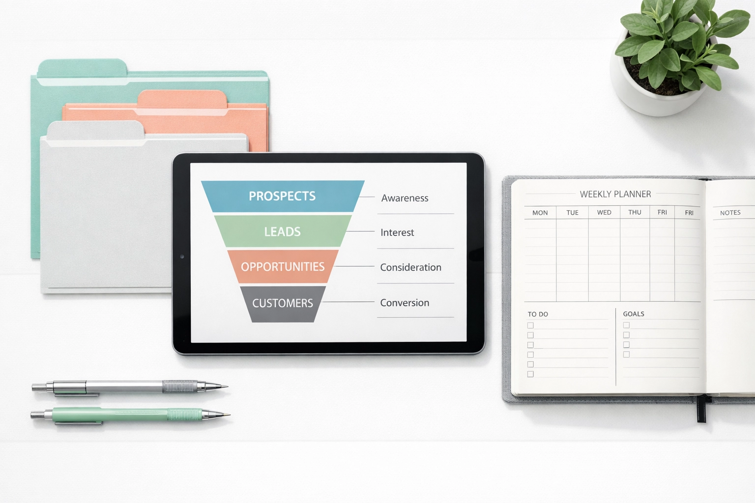 Organized business planning workflow with sales funnel and strategic documents on desk