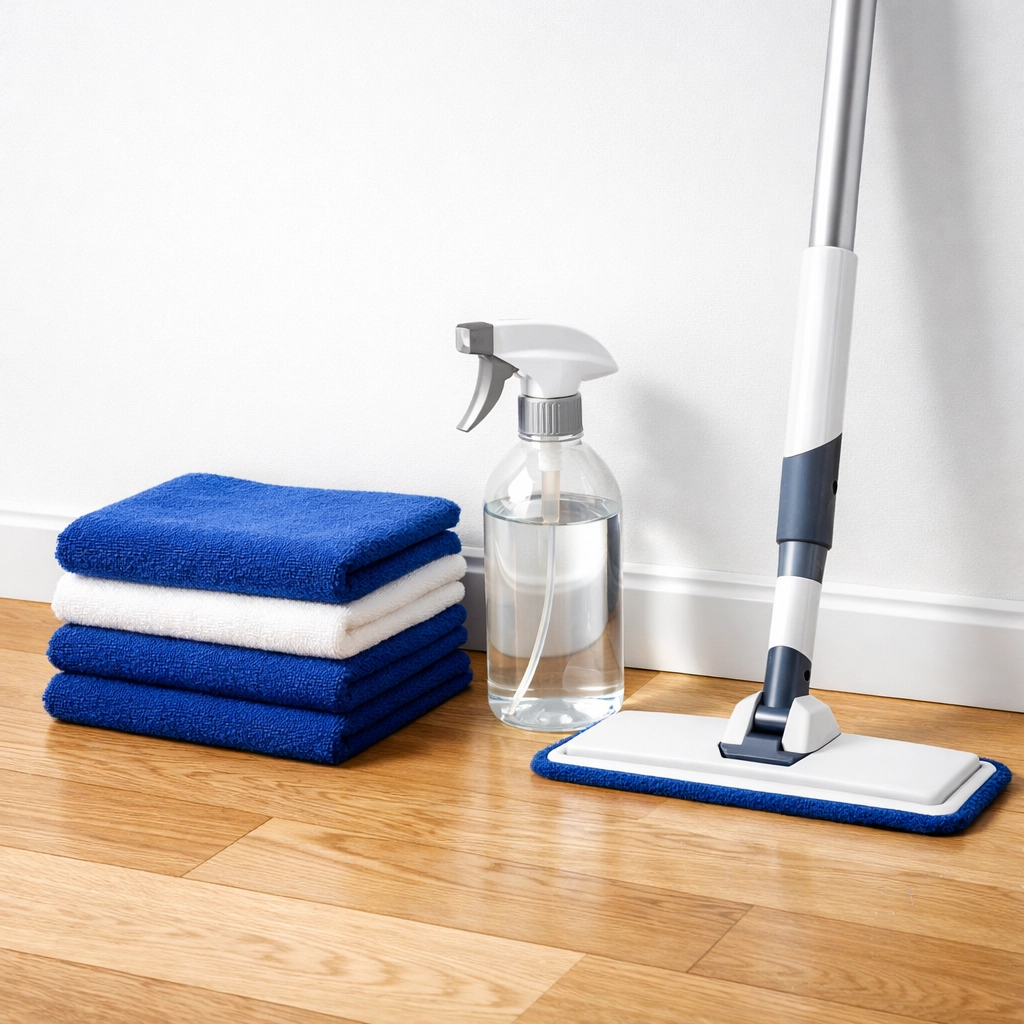 Essential supplies like microfiber cloths and mops for high-quality apartment cleaning in Boston.