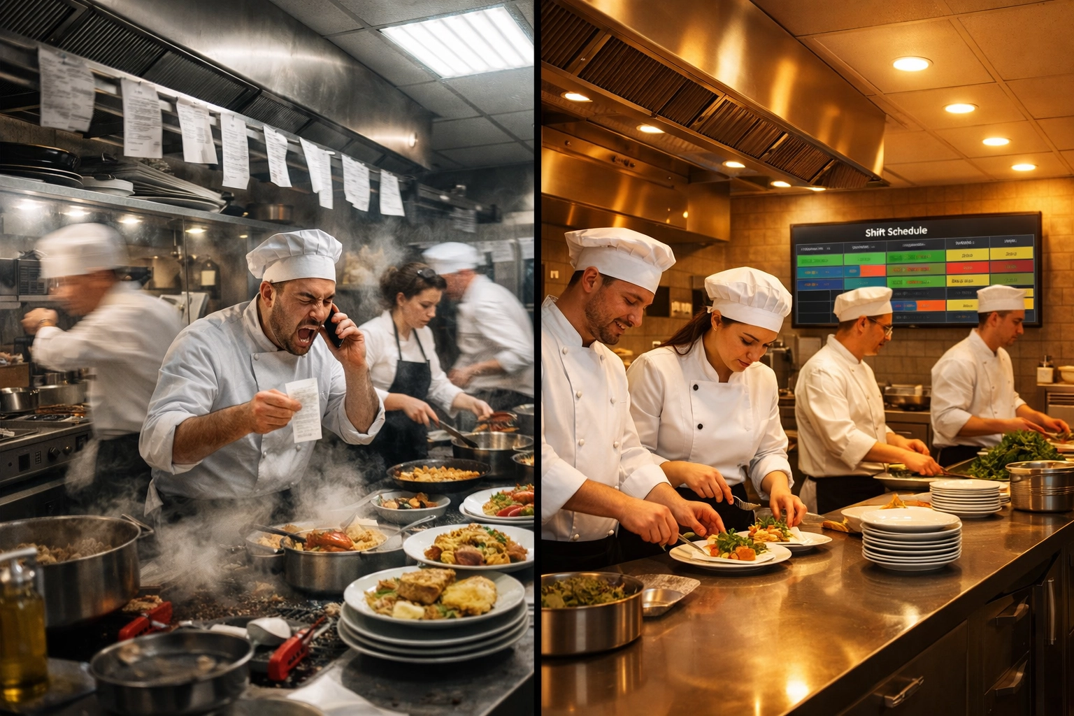 Chaotic vs organized restaurant kitchen showing impact of proper labor scheduling and staff management systems