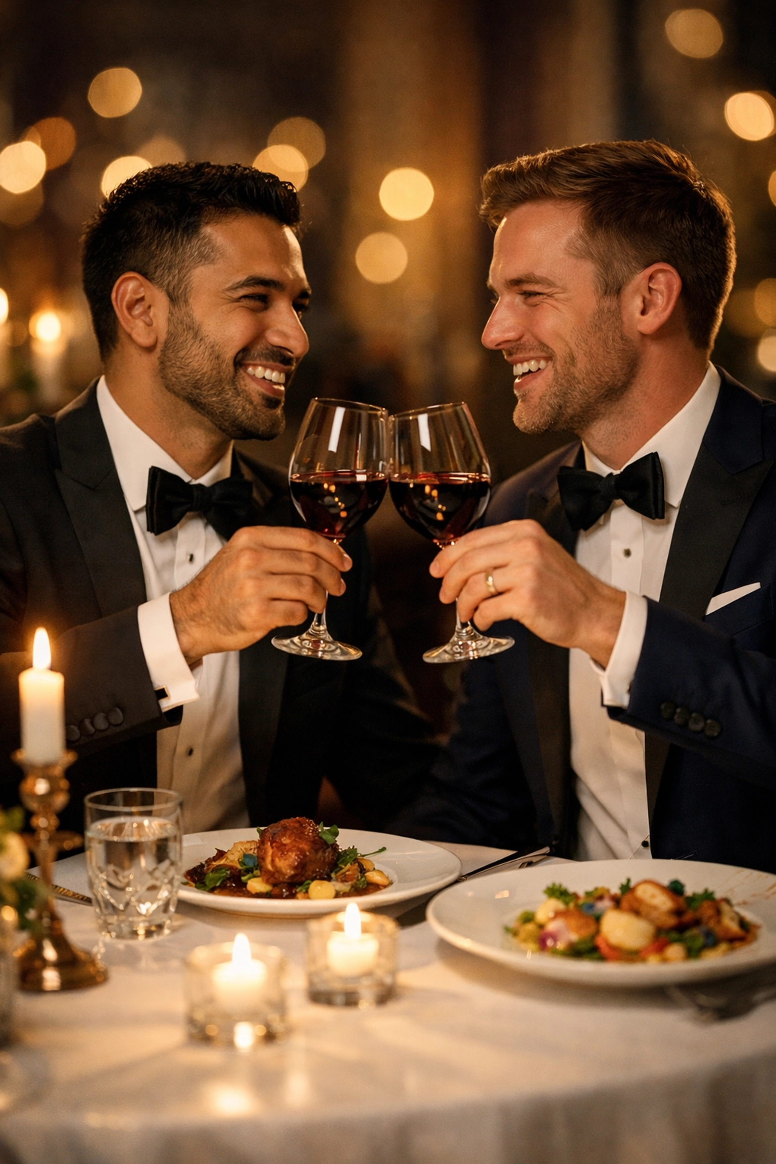 Gay couple toasting with wine at elegant fine dining restaurant table