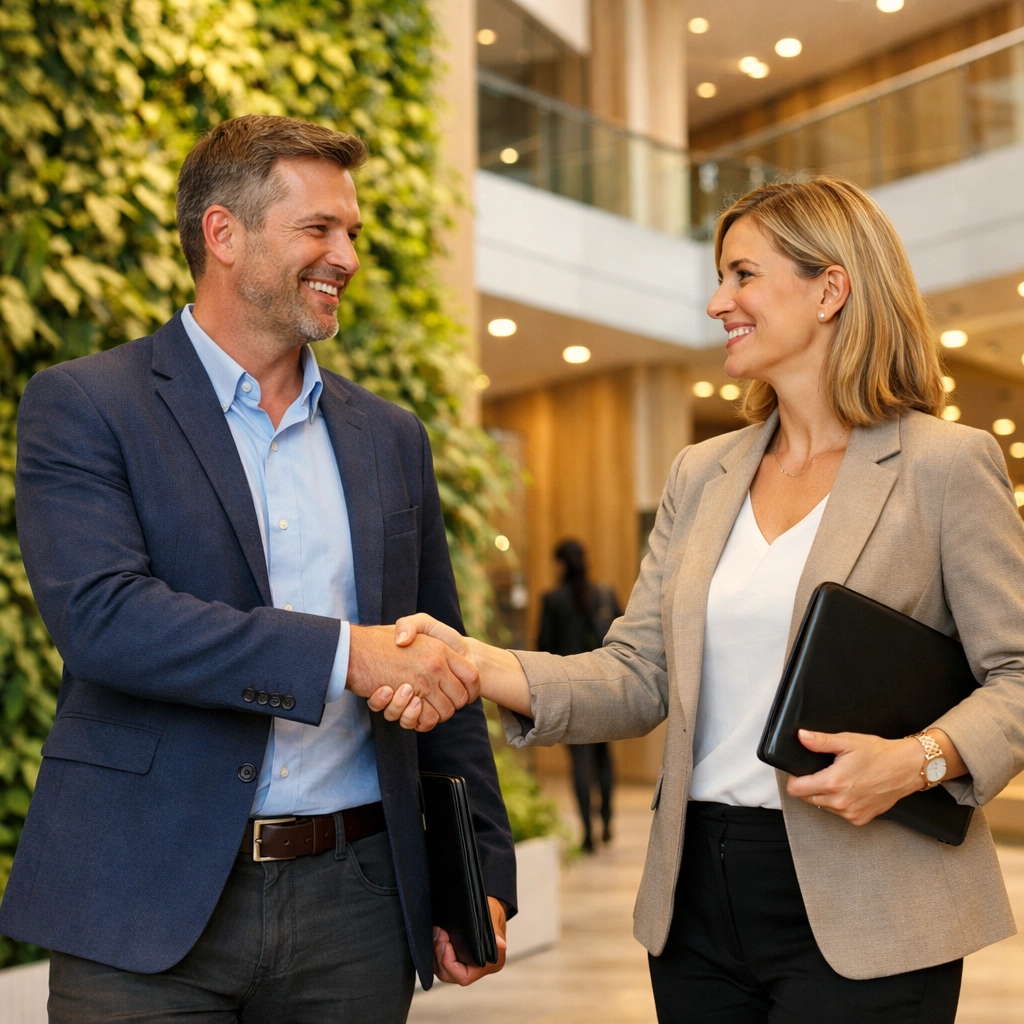 Business professionals shaking hands after choosing a ServiceNow implementation partner for consulting services.