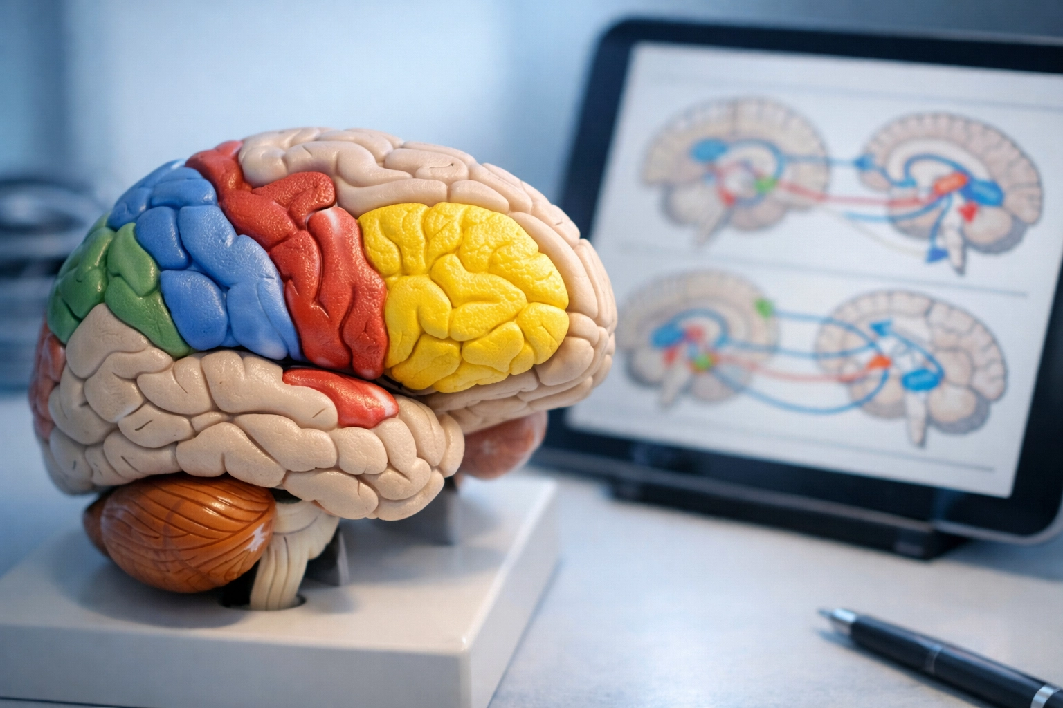 Brain model showing neural circuits targeted in neuro-counselling interventions