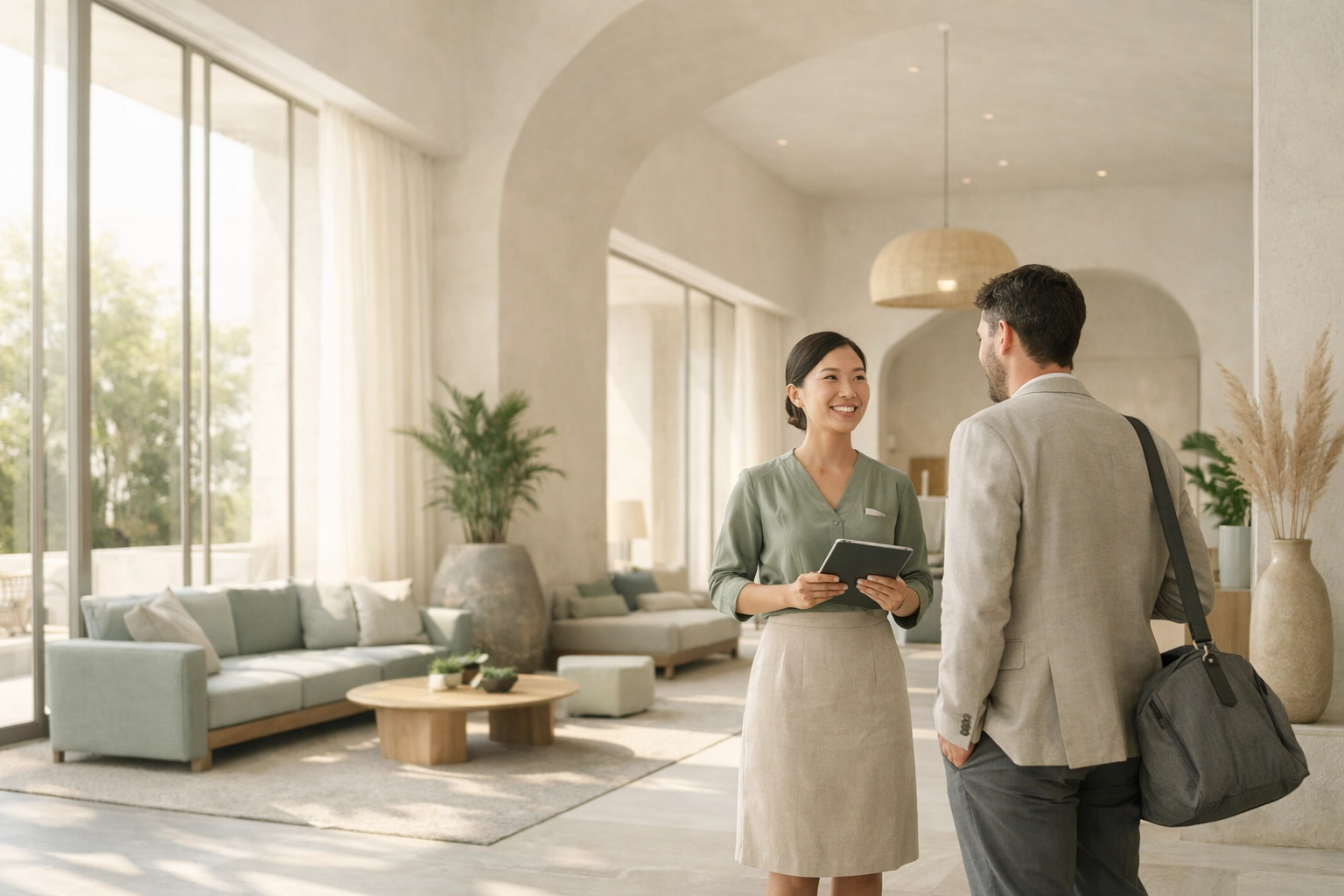 Hotel staff member with a tablet providing personalized service in a modern lobby.