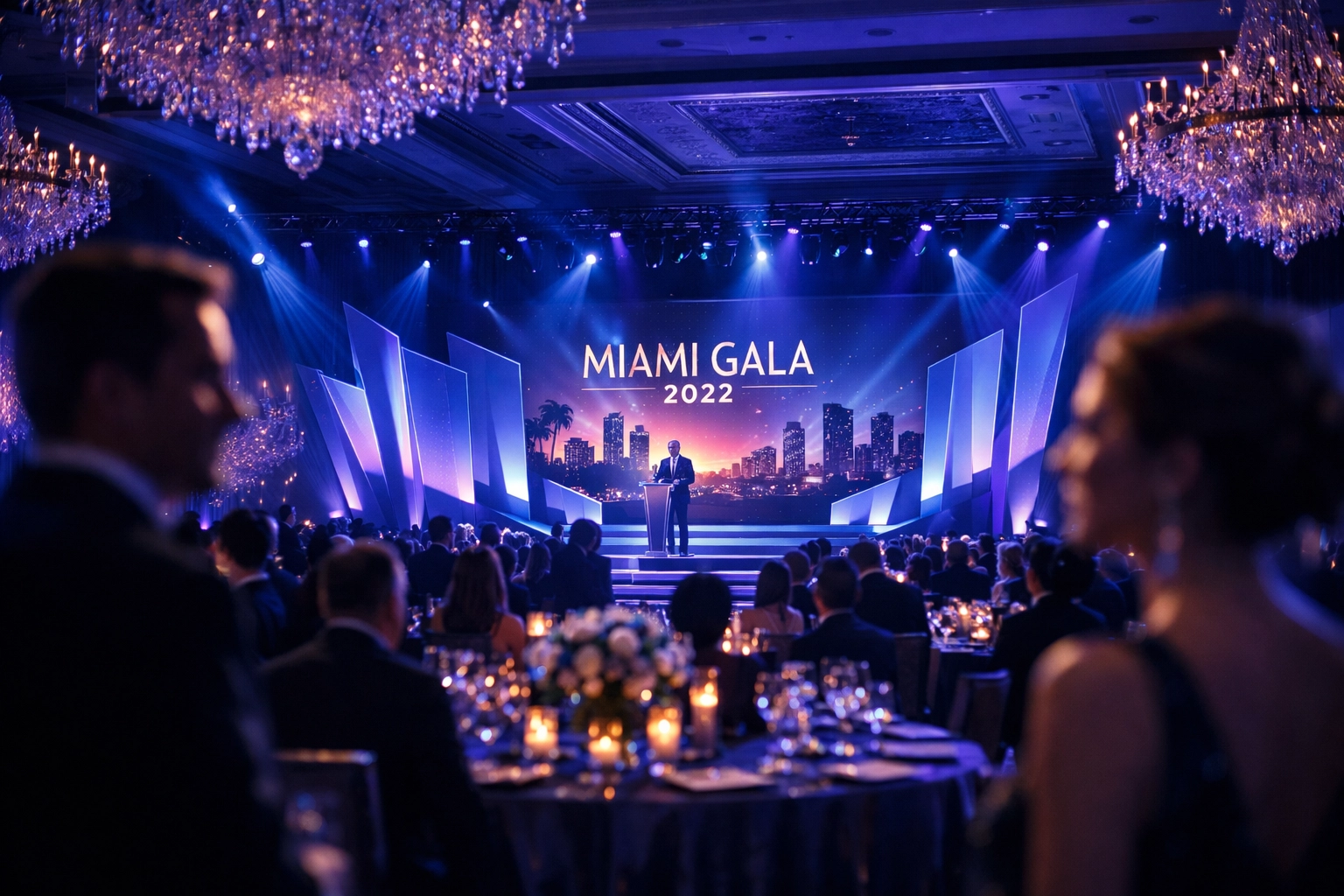 Elegant corporate event photography of a luxury gala with dramatic lighting in a Miami ballroom.