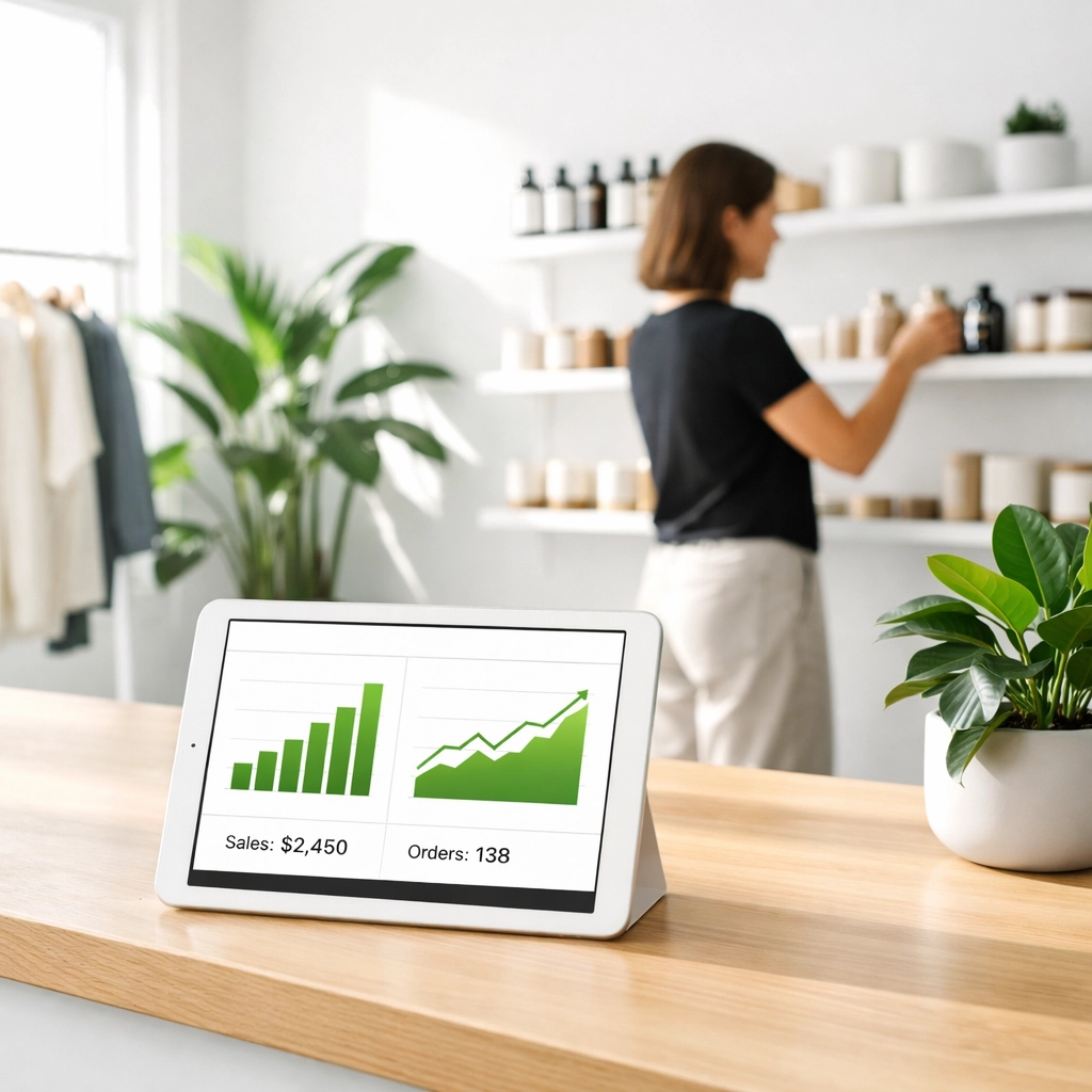 Local retailer focusing on products while a tablet shows growth from a managed online store.