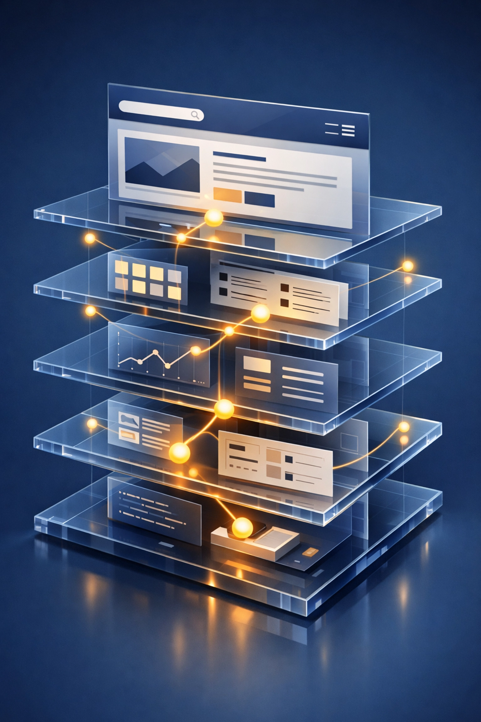 Stacked digital layers representing a clear website hierarchy for optimized on-page SEO and crawling.