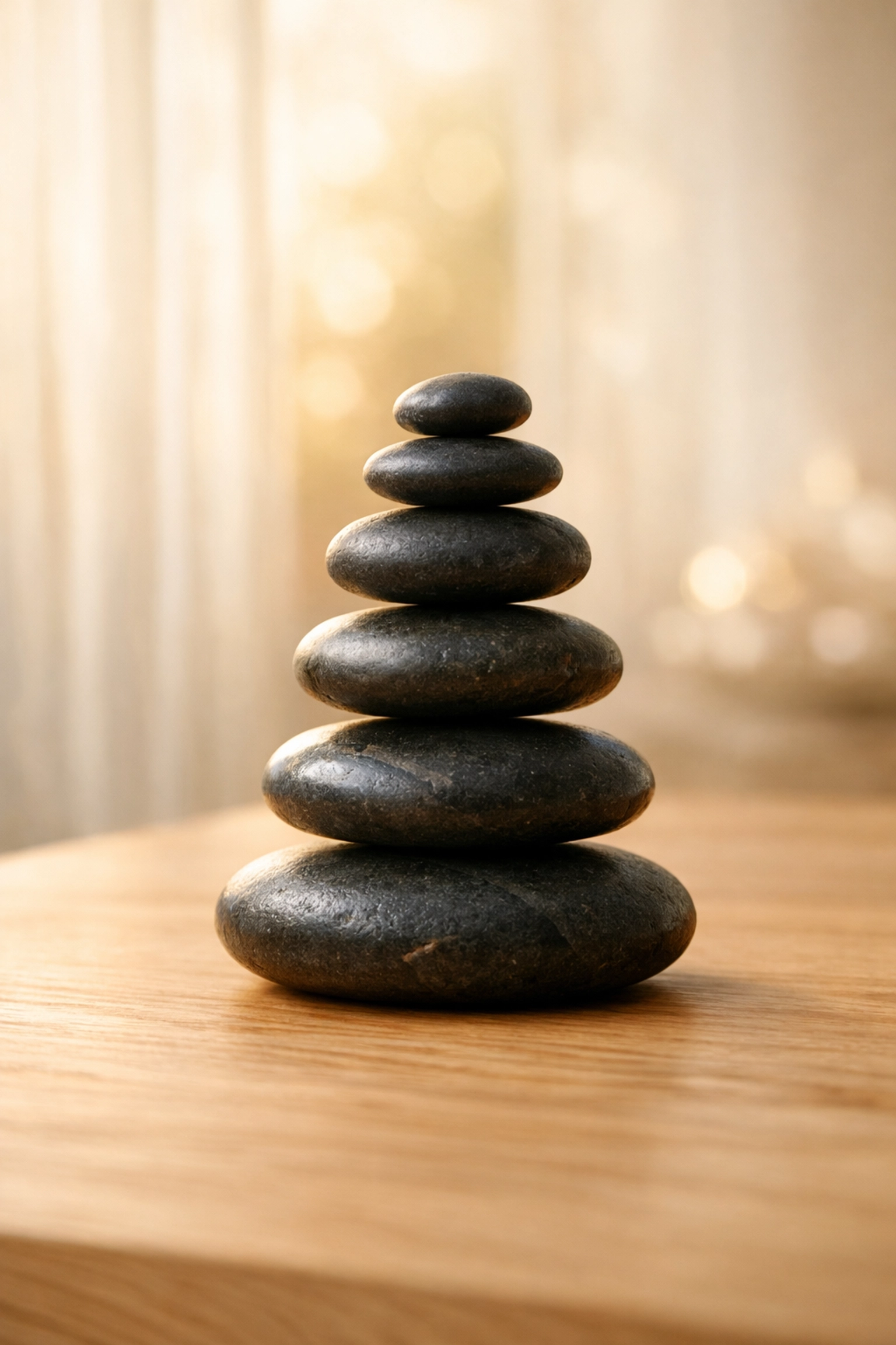 Balanced river stones on a wooden surface illustrating natural body coherence and alignment