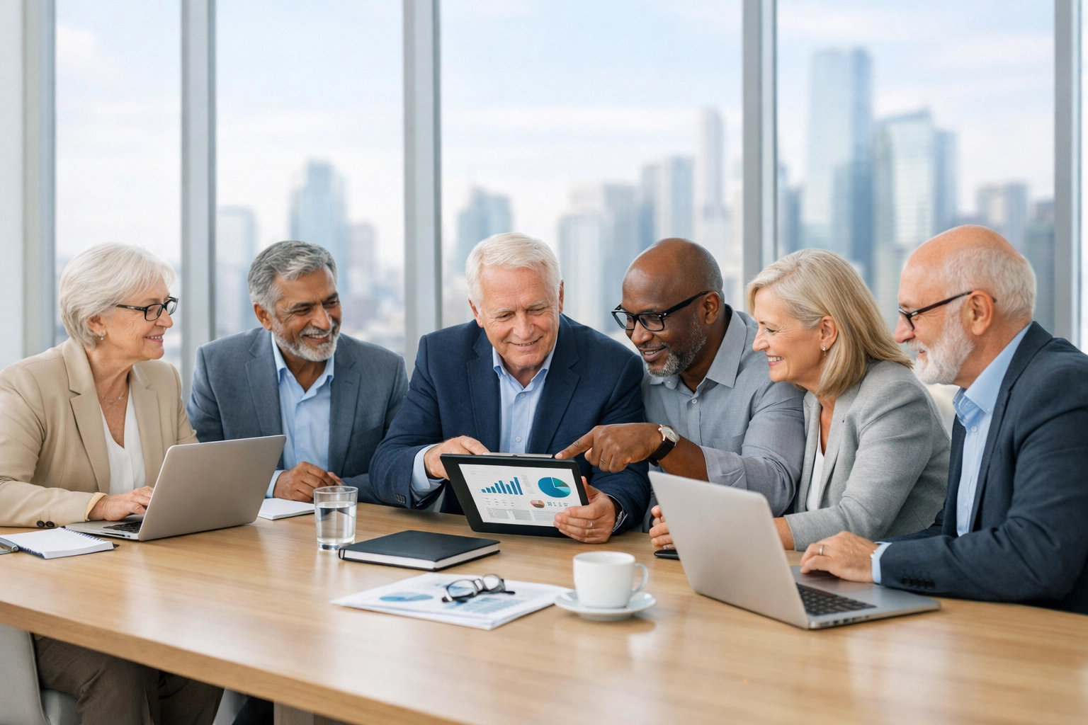 Senior IT strategists discussing ServiceNow consulting services and global compliance in a boardroom.