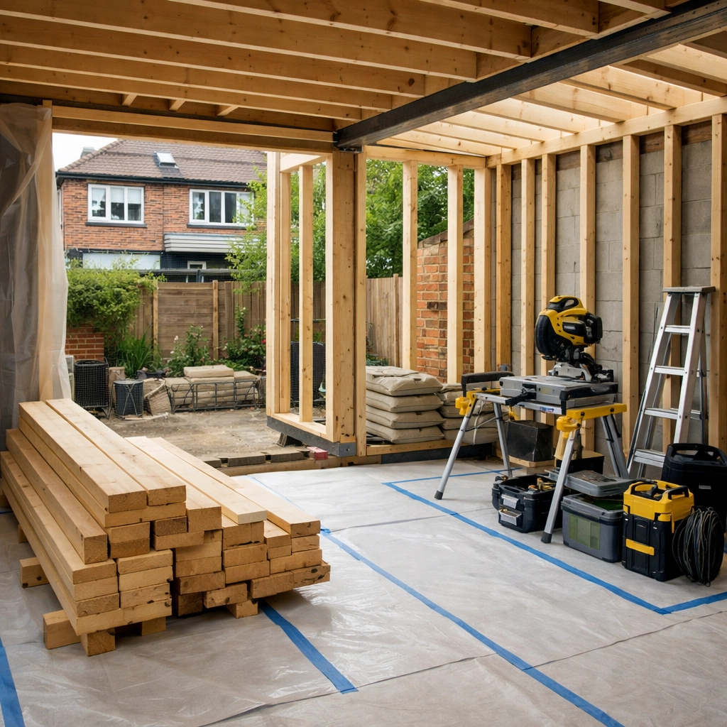 A tidy residential construction site in London showing organized materials for a home extension project.