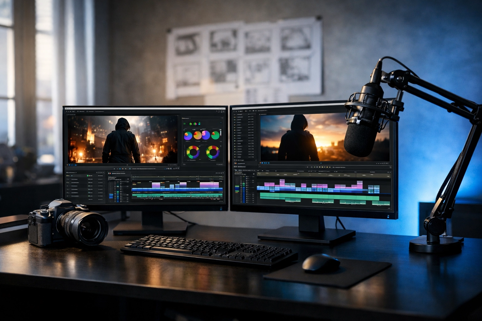 Modern creative production suite featuring professional video editing monitors for high-impact content.