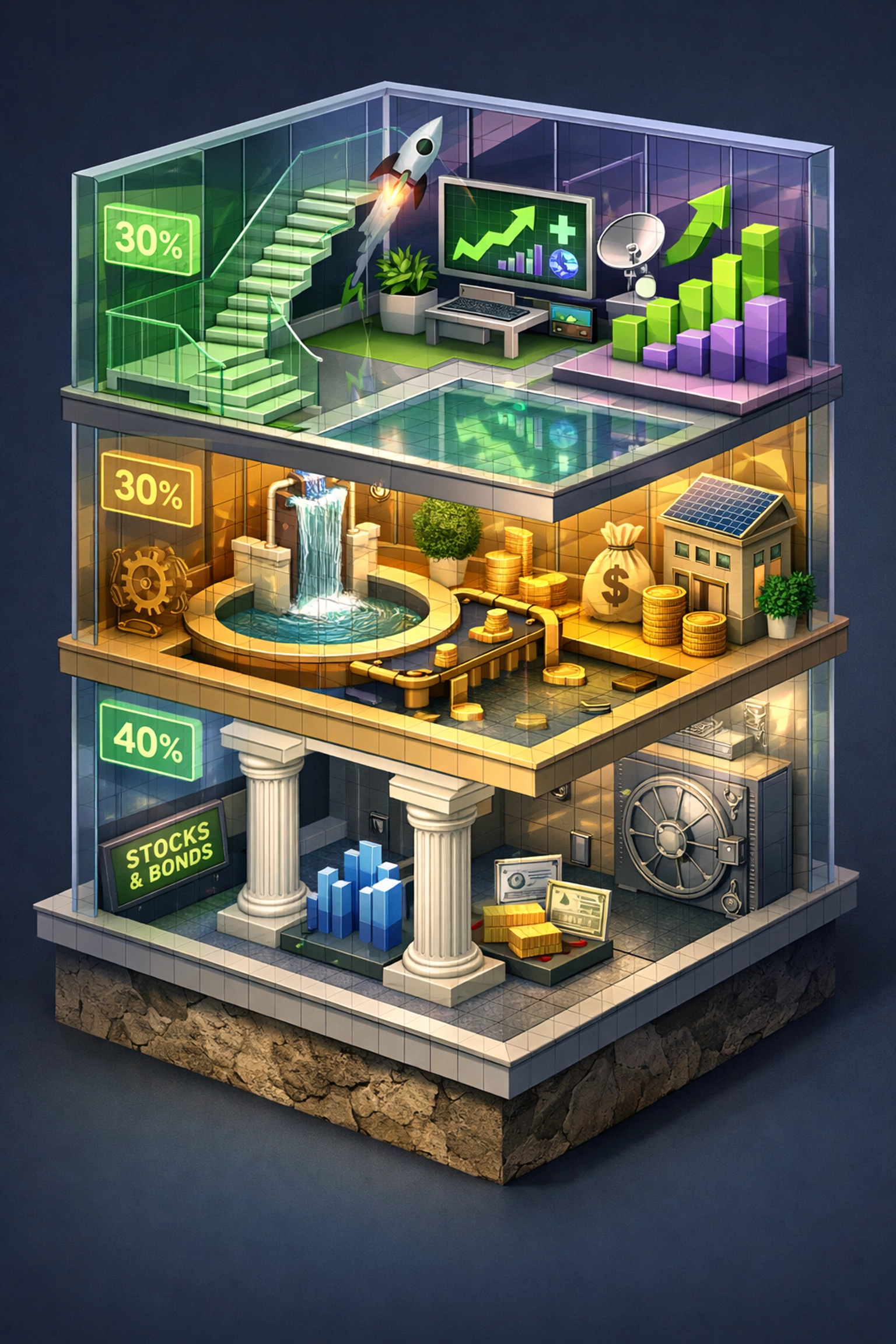 Three-tier investment portfolio structure showing wealth preservation allocation model