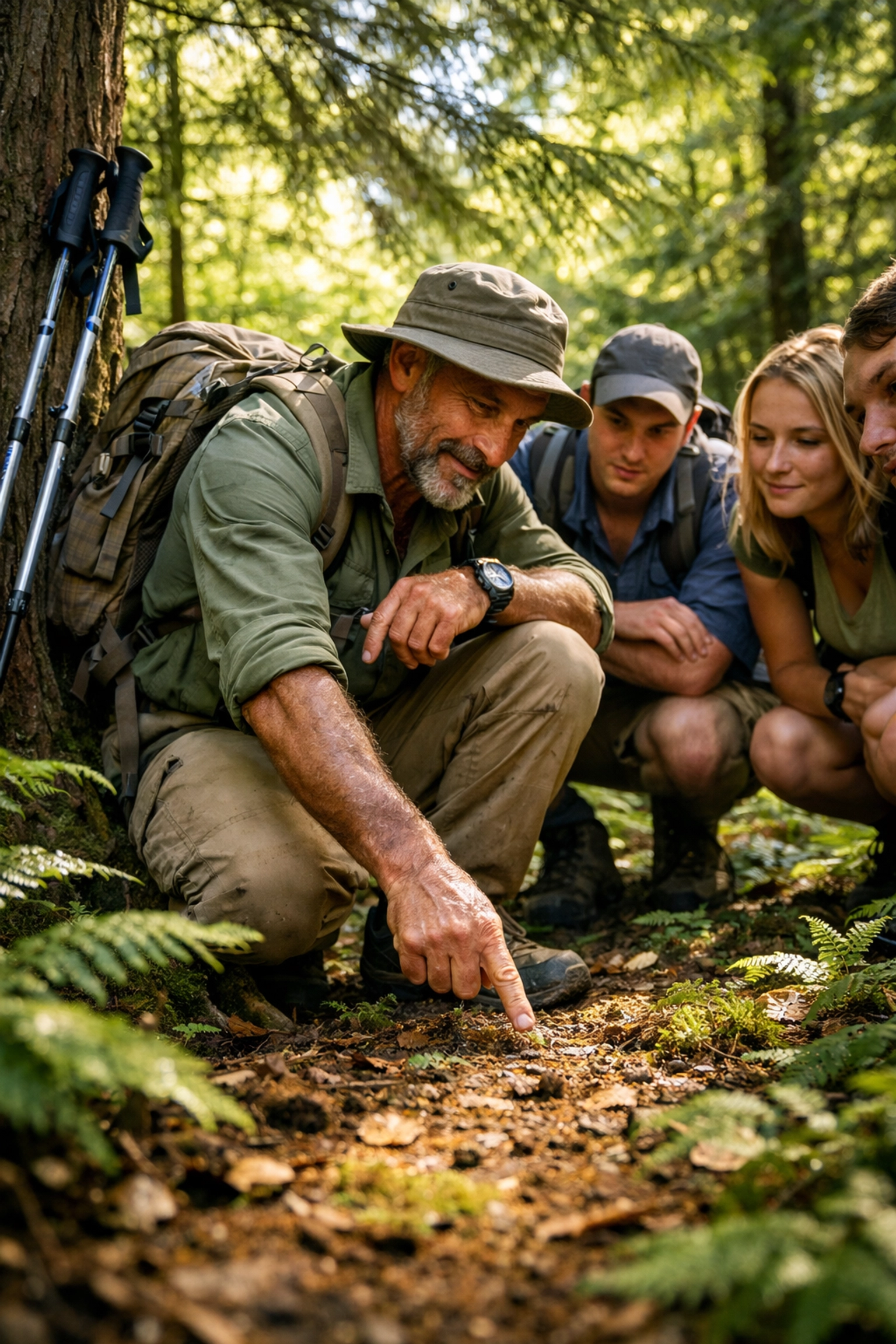 Experienced hiking guide teaching beginners about wildlife on UK trail