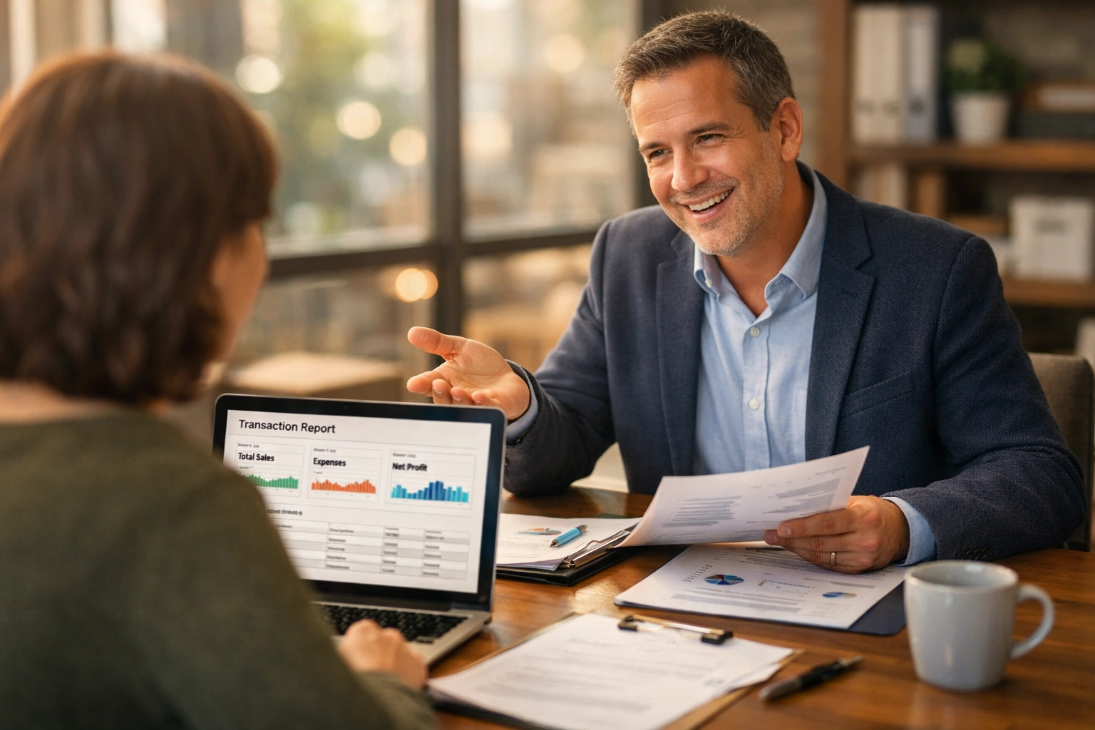 Tax professional helping small business owner with 1099-K reconciliation consultation