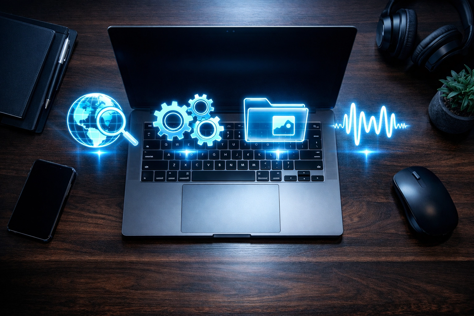 Top-down view of a modern digital workspace setup for a rapid 48-hour AI business launch and workflow.