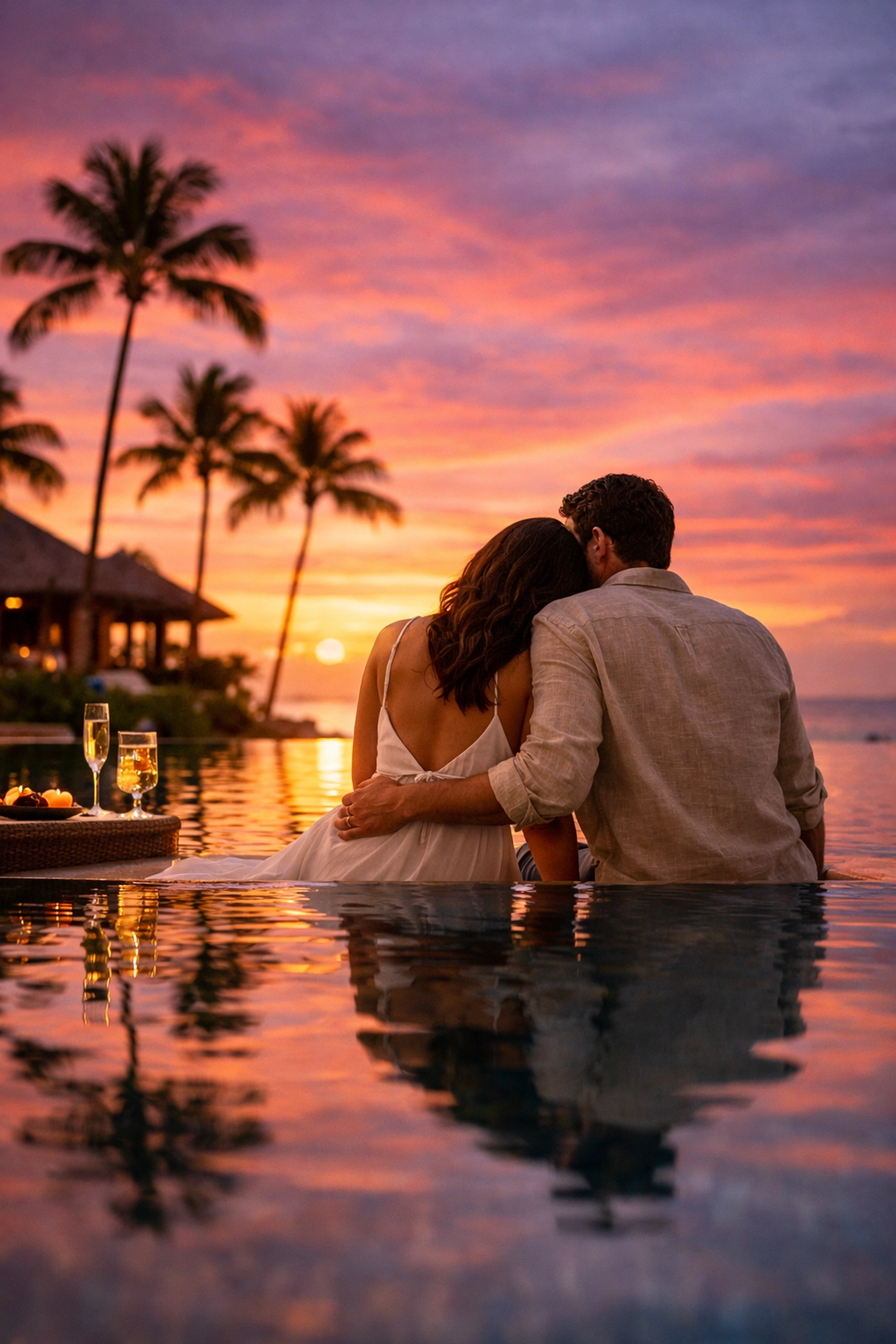 Couple enjoying private infinity pool at luxury lifestyle resort during sunset