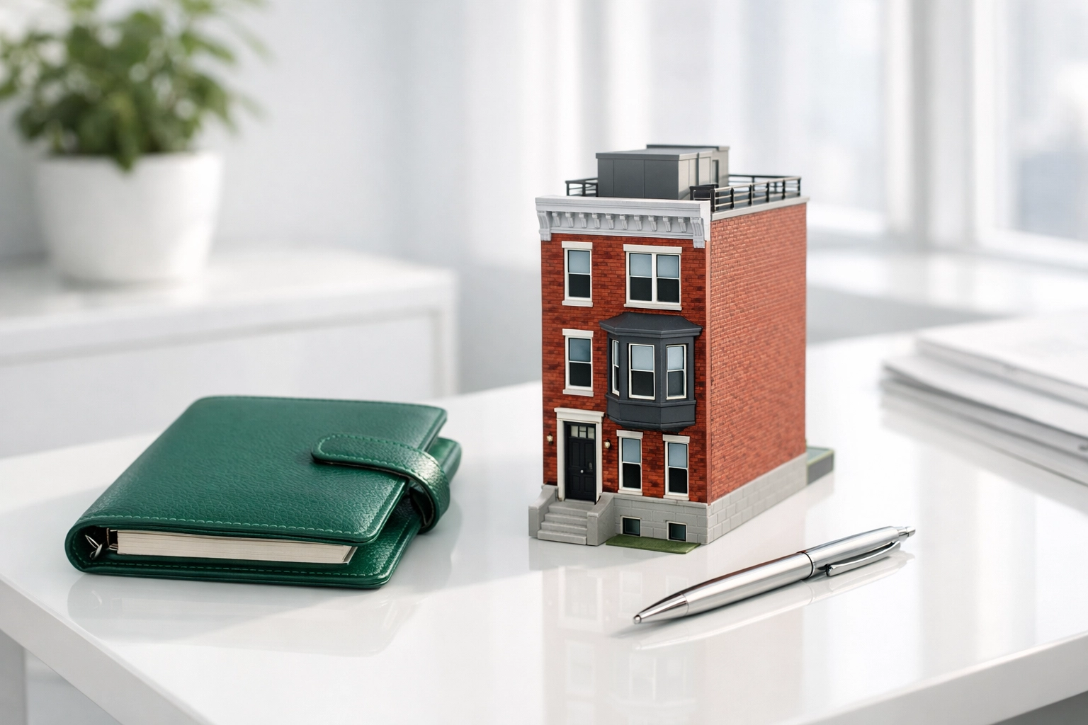 A Philadelphia rowhome model on a desk representing favorable DSCR ratios for real estate investors.
