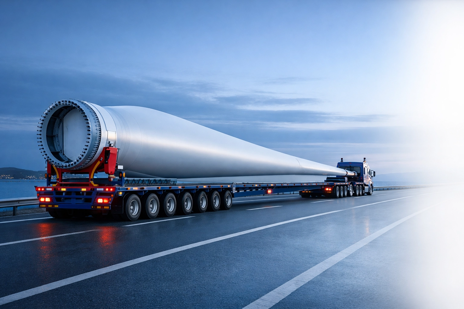 Specialized project cargo transport of a massive wind turbine blade on a heavy-duty trailer.