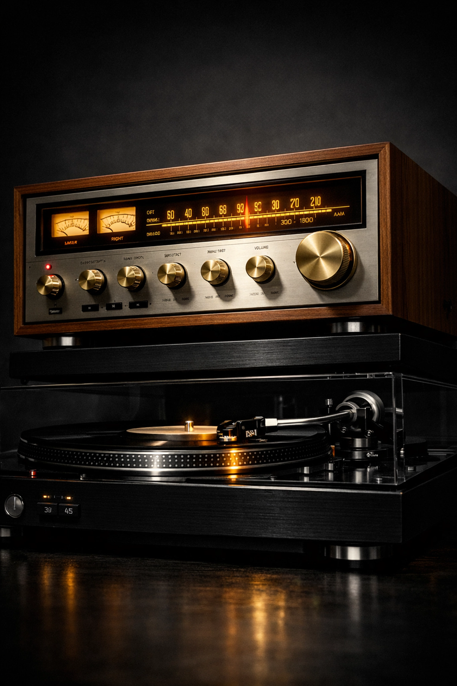 Vintage wood-cased stereo receiver and turntable in a Columbus online auction specialty collection.