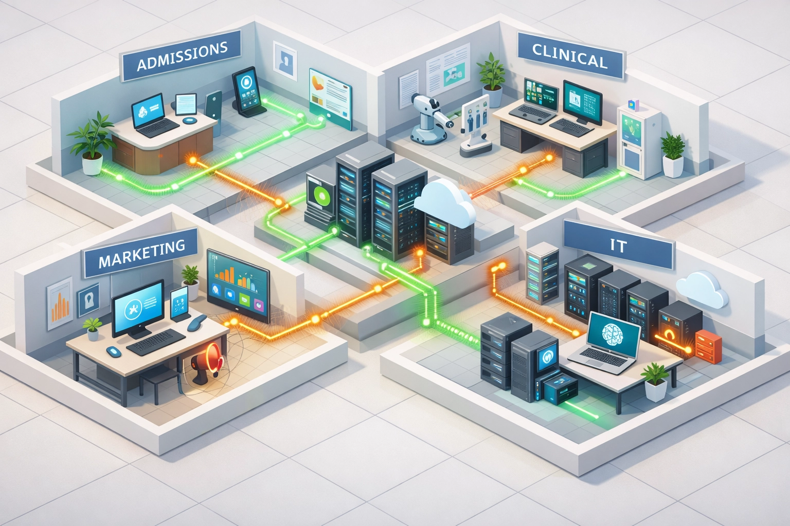 Treatment center facility overview showing AI tools across admissions, clinical, and IT departments