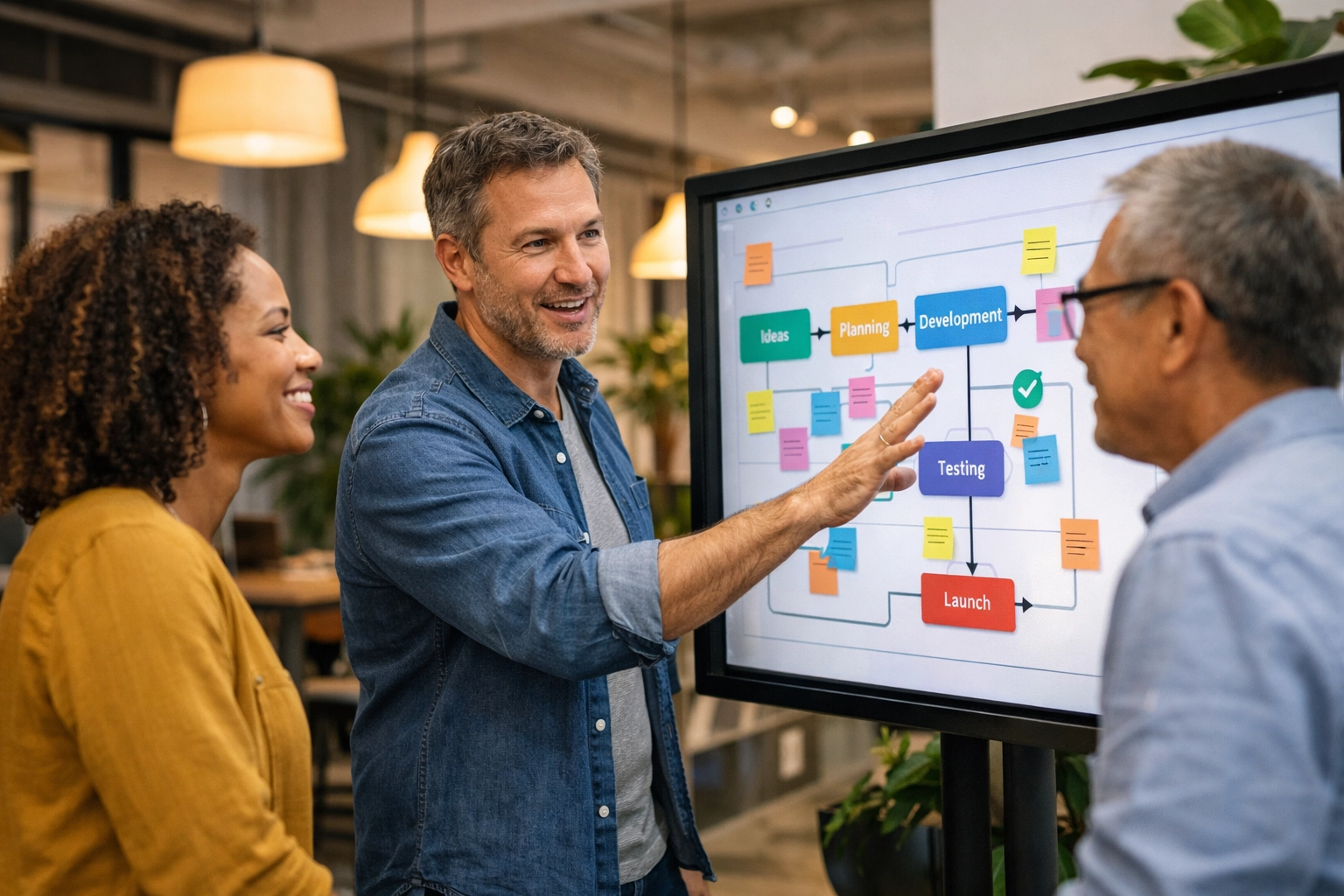 Professionals collaborating on a ServiceNow ITAM workflow map to ensure successful organizational change management.