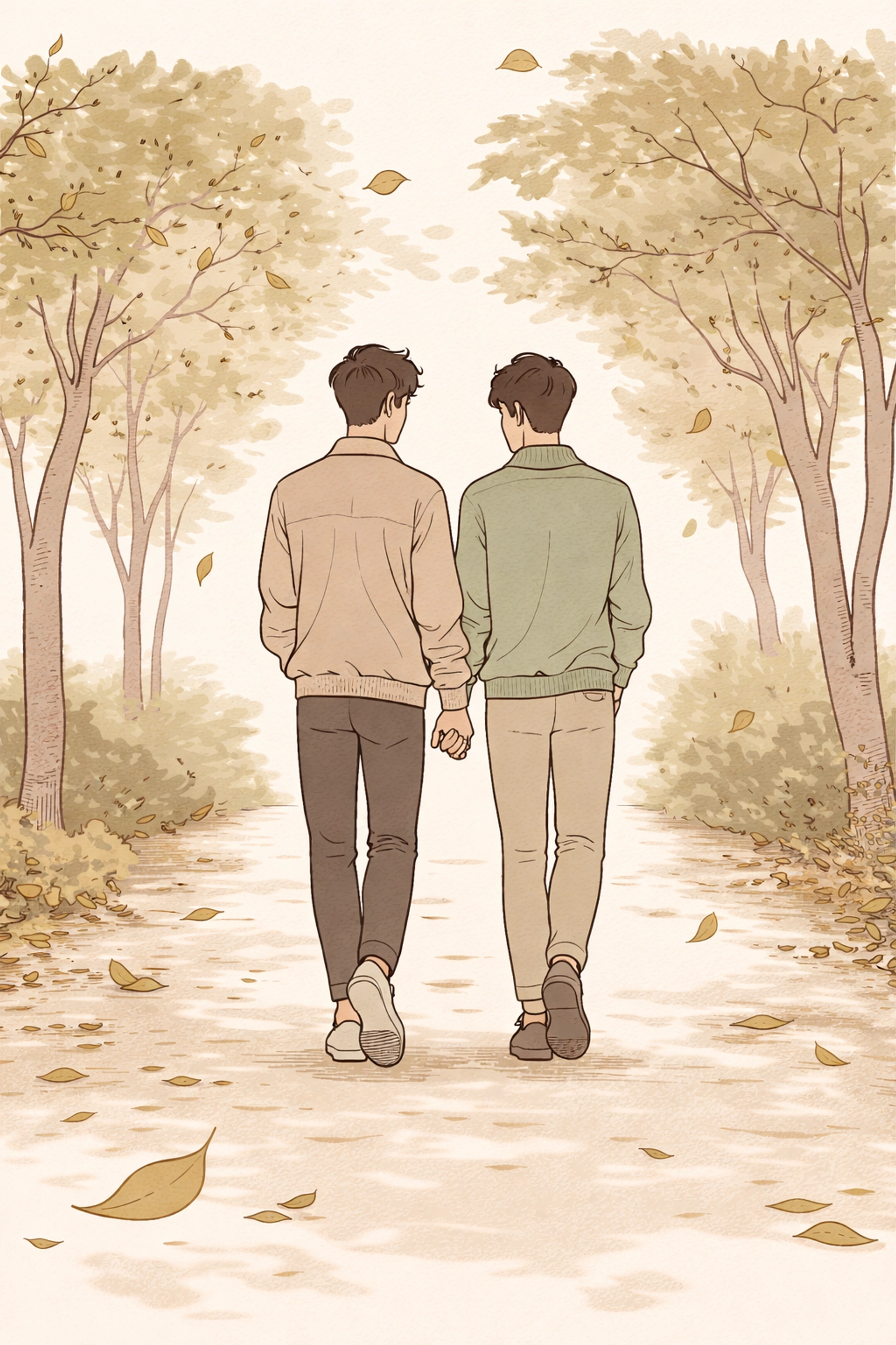 Two men walking hand-in-hand through autumn leaves, depicting MM romance love story