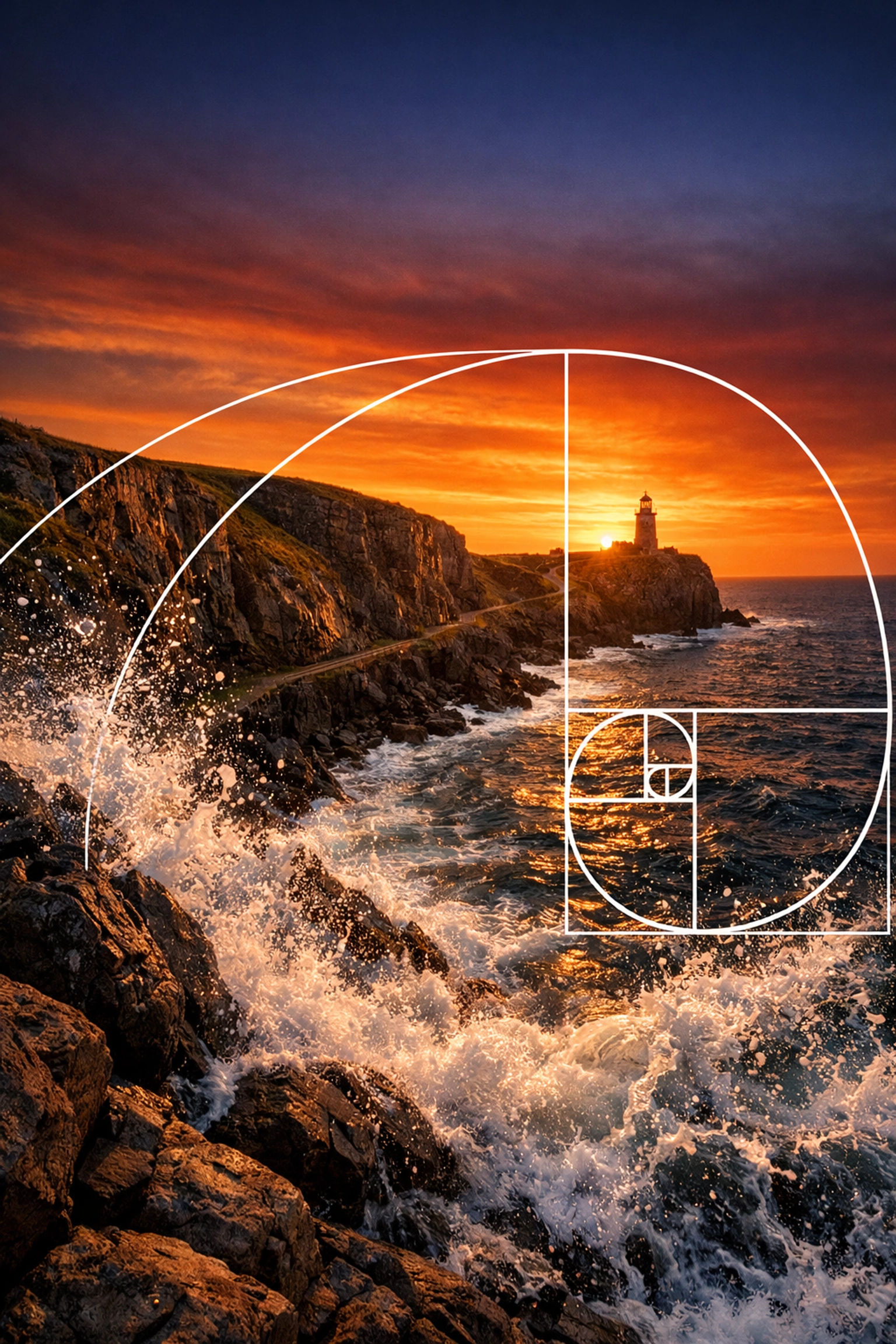 Coastal sunset landscape utilizing the Golden Ratio for advanced composition in photography tutorials.