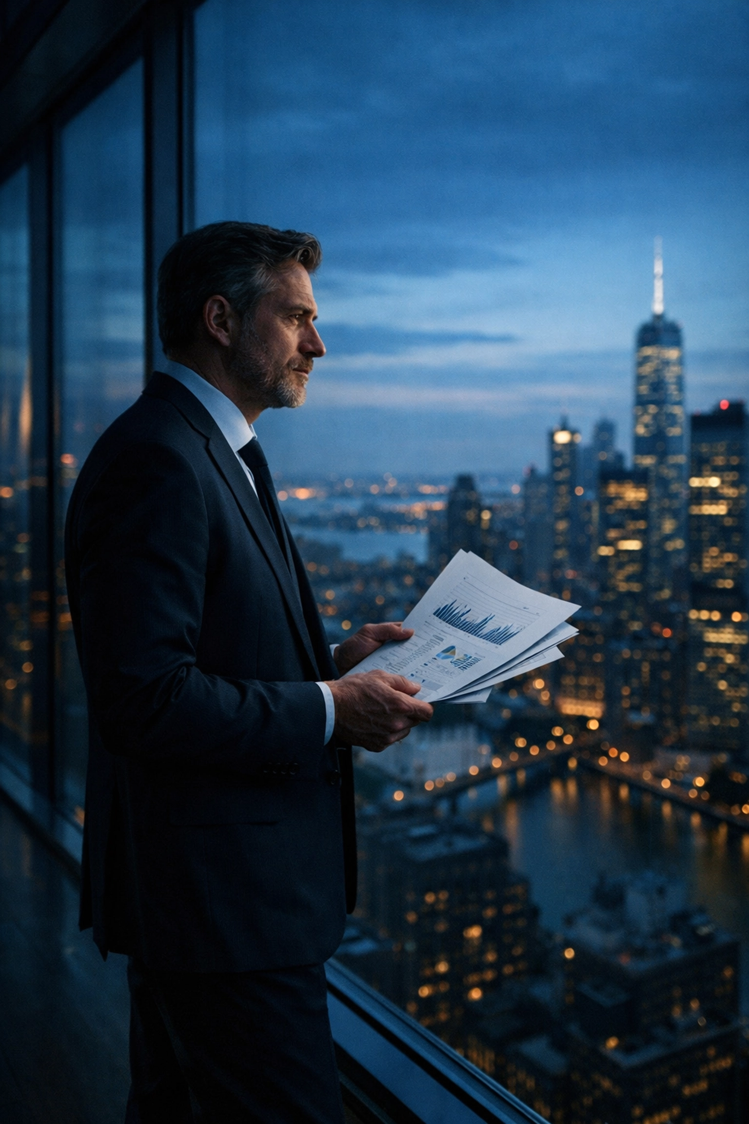 Accredited investor reviewing financial documents while contemplating investment expertise