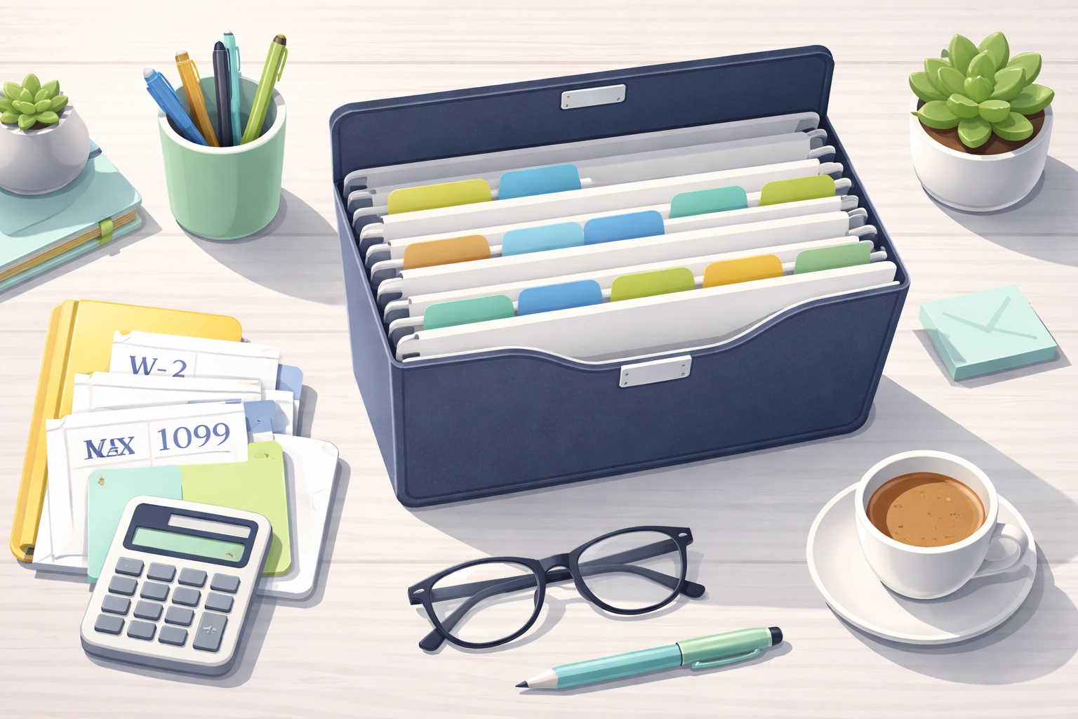 Organized home office desk with color-coded tax document folders, W-2 forms, and supplies for tax record organization