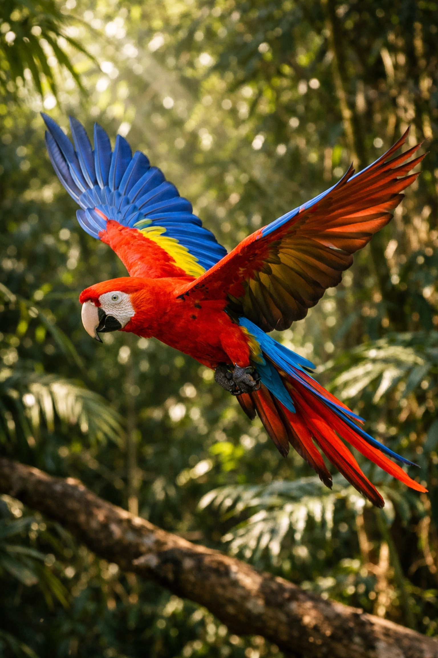 Vibrant macaw in mid-flight through a tropical forest, highlighting action and behavior in wildlife storytelling.