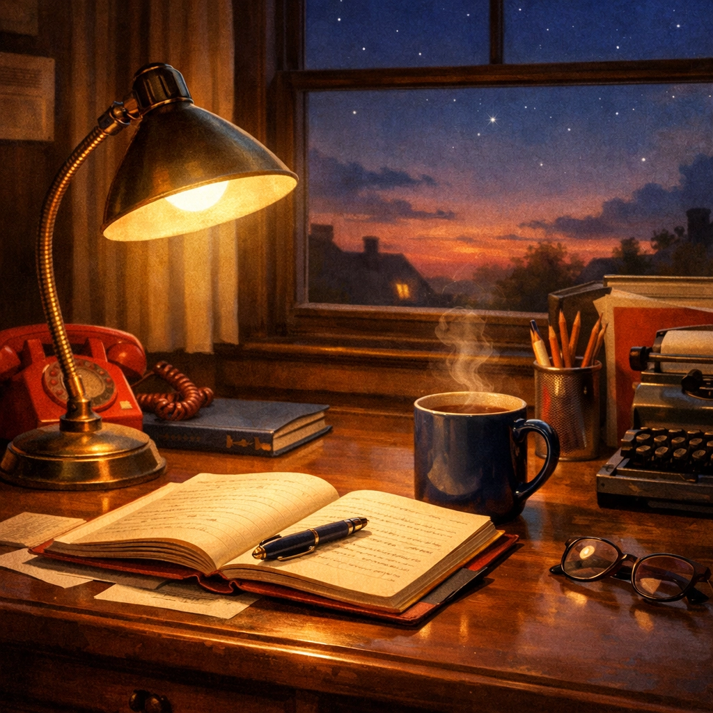 Peaceful newsroom desk with lamp and coffee at twilight - evening news reflection