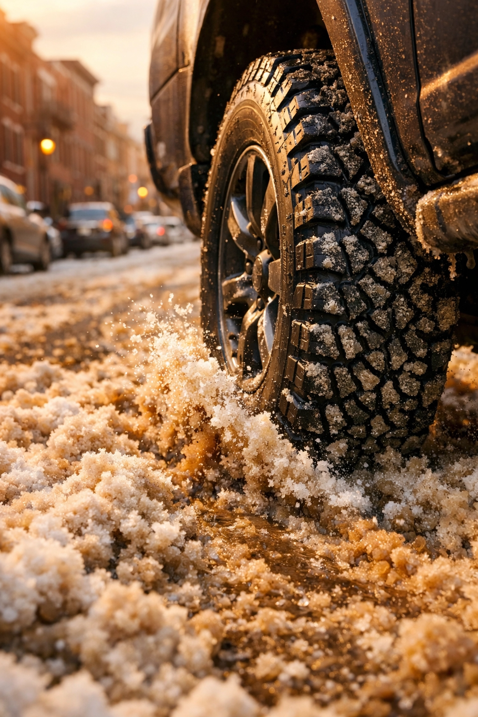 Car tire with aggressive tread navigating heavy slush and snow on a Brooklyn side street.
