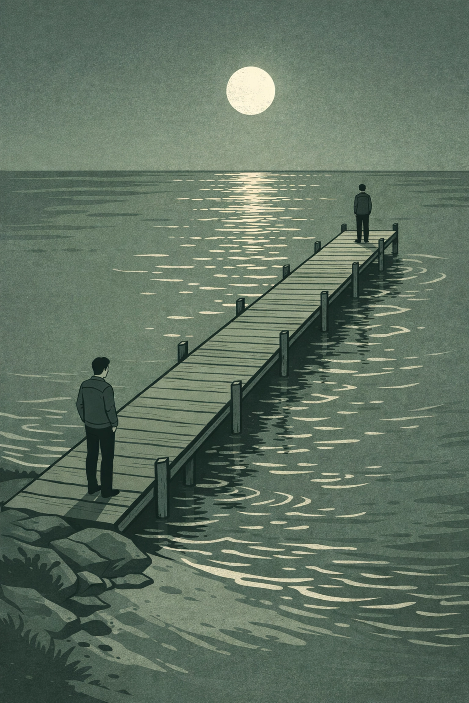 Aerial view of pier with two men - MM romance liminal space journey to connection