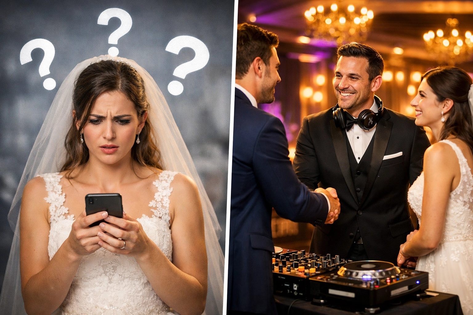 Couple meeting with professional wedding DJ to ensure reliability on their big day