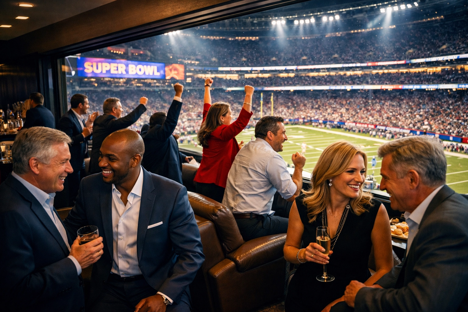 Corporate professionals networking in VIP Super Bowl suite during game