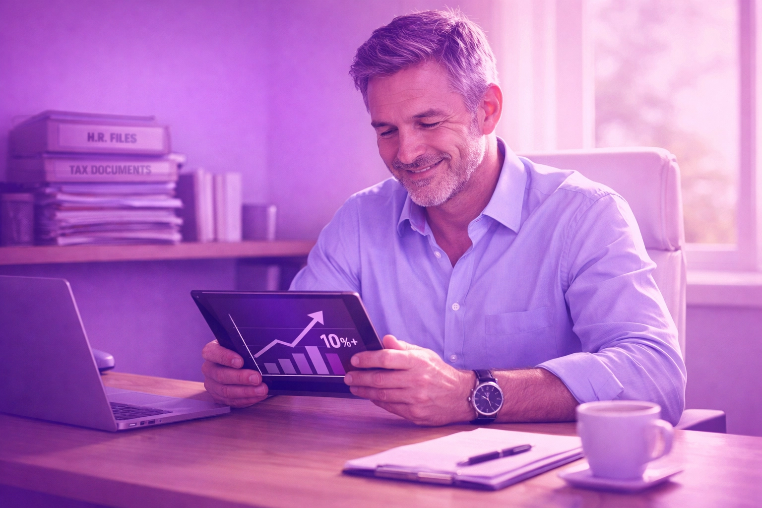 Director reviewing profit margins on a tablet, transitioning from paperwork to AI efficiency.