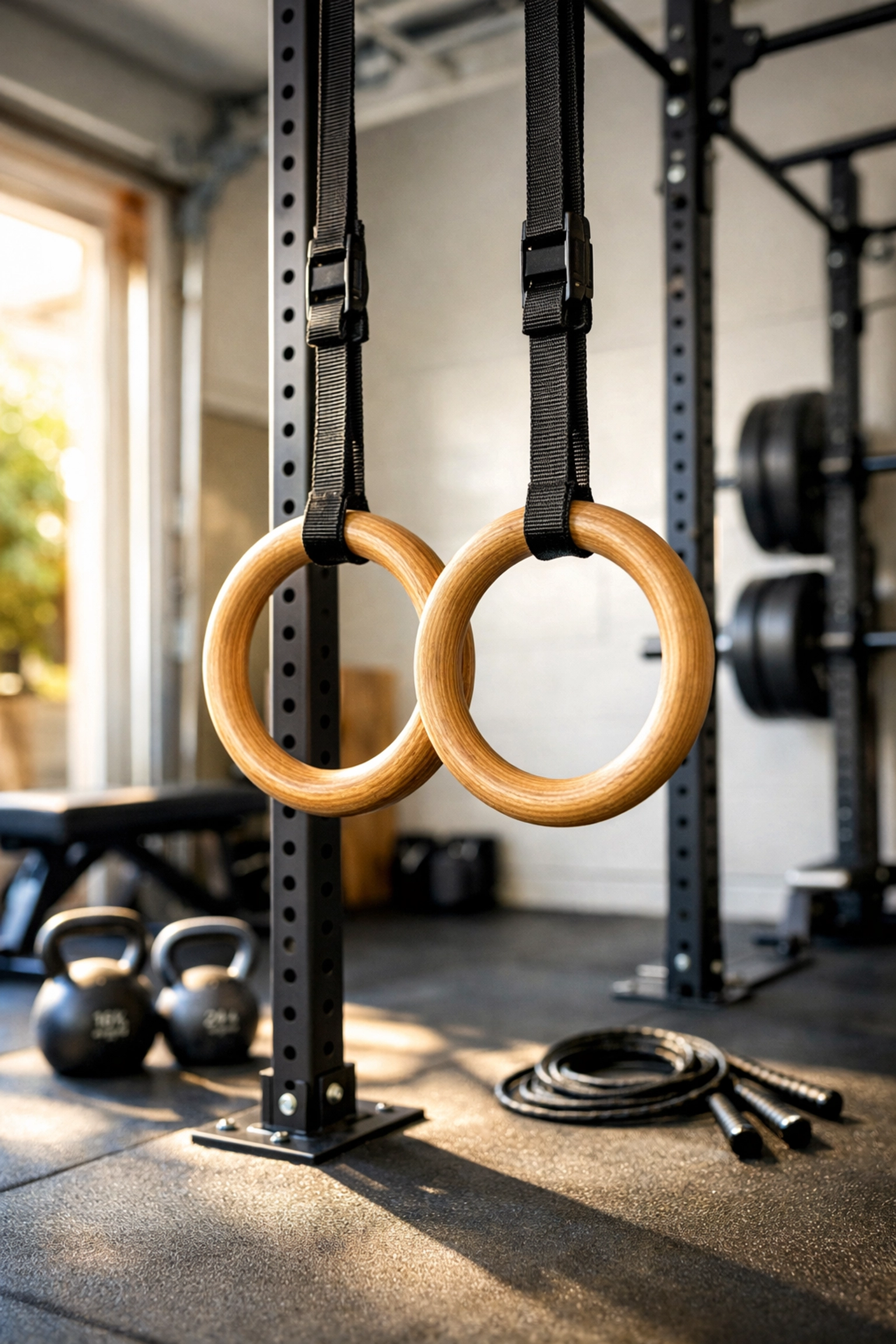 Gymnastics rings hanging from a floor-to-ceiling gym system for bodyweight and calisthenics training.