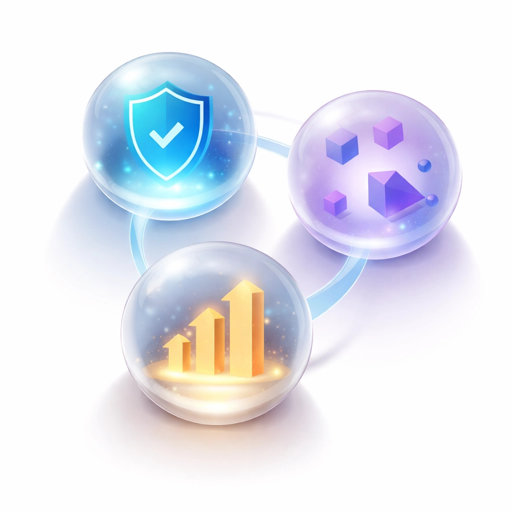 Three connected spheres depicting downside protection, uncorrelated returns, and upside capture in portfolio diversification.