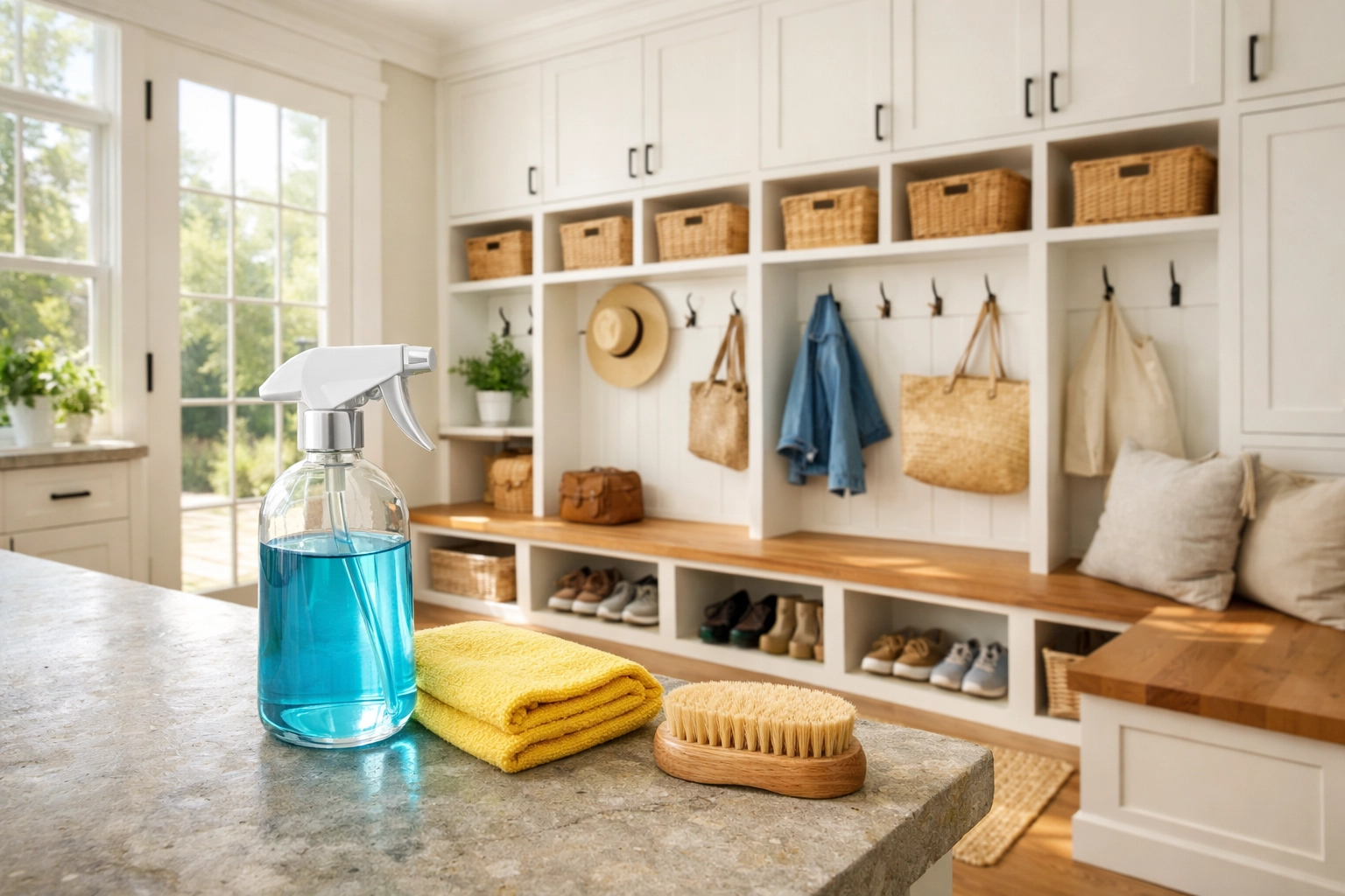 Eco-friendly cleaning supplies in a bright, organized Bolton home mudroom.