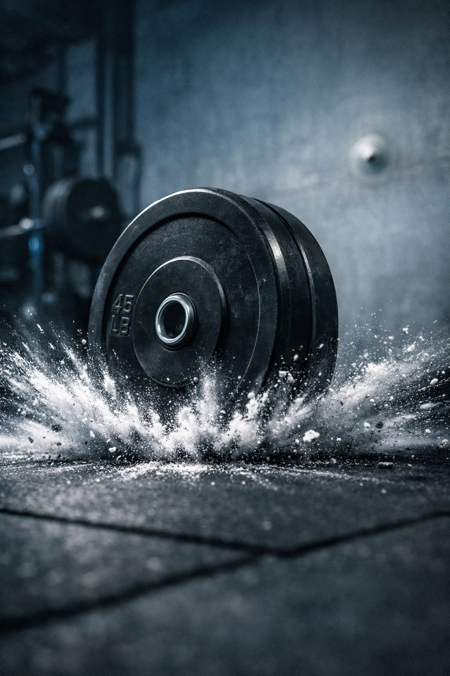 Bumper plate impacting a rubber mat in a home gym, showing weight lifting vibration effects.