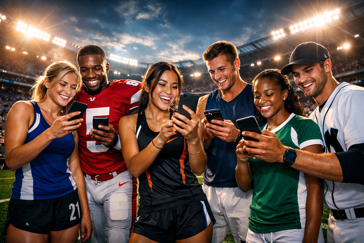 College athletes in a stadium using smartphones for digital engagement and NIL brand partnerships.