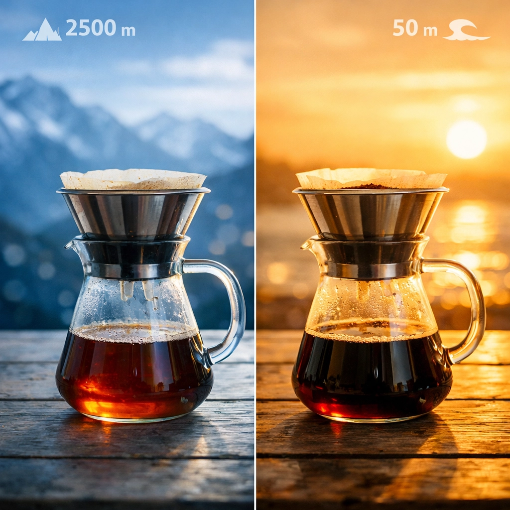 Side-by-side comparison of pour-over coffee brewed at high altitude versus sea level