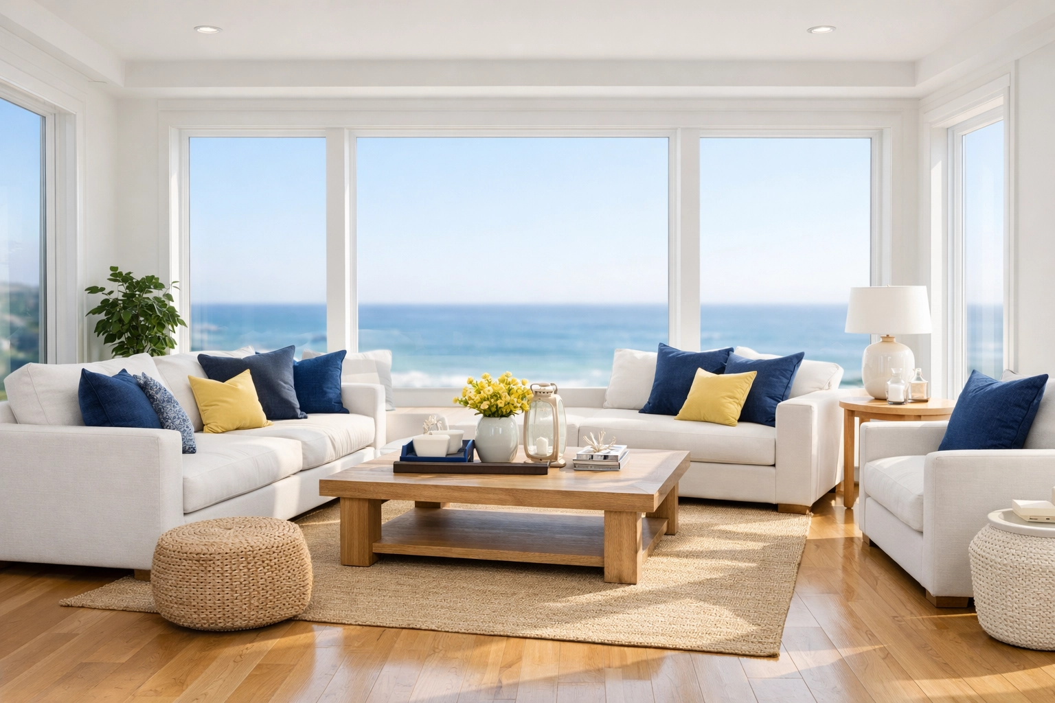 Clean minimalist living room in a Craigville, MA beach house showing professional weekly house cleaning results.