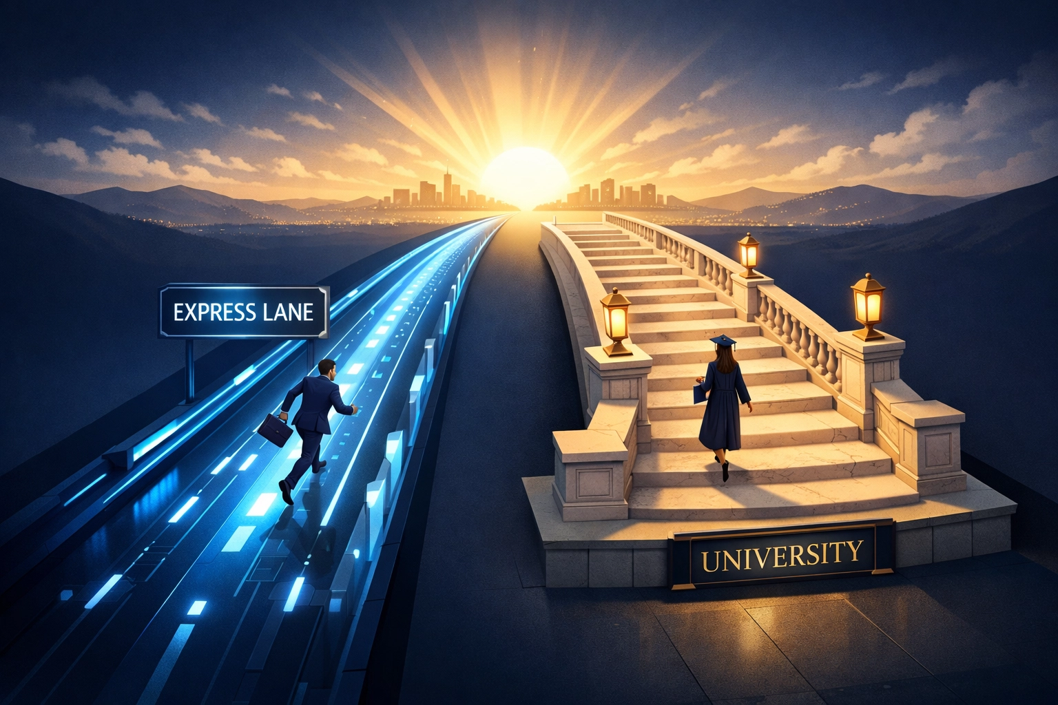 Representação dos caminhos para o sucesso: ensino superior versus cursos profissionais no mercado de trabalho.