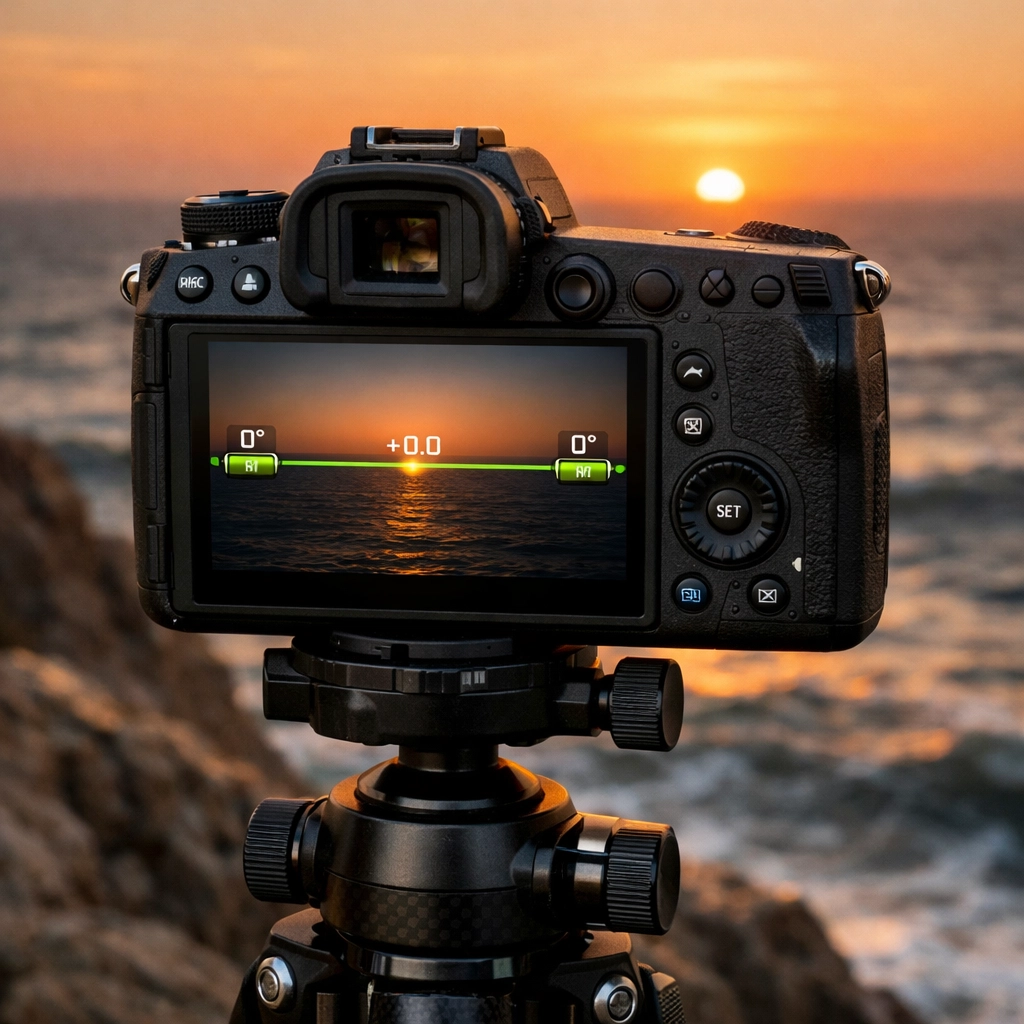 Professional camera on tripod using a digital level to fix common landscape photography mistakes.