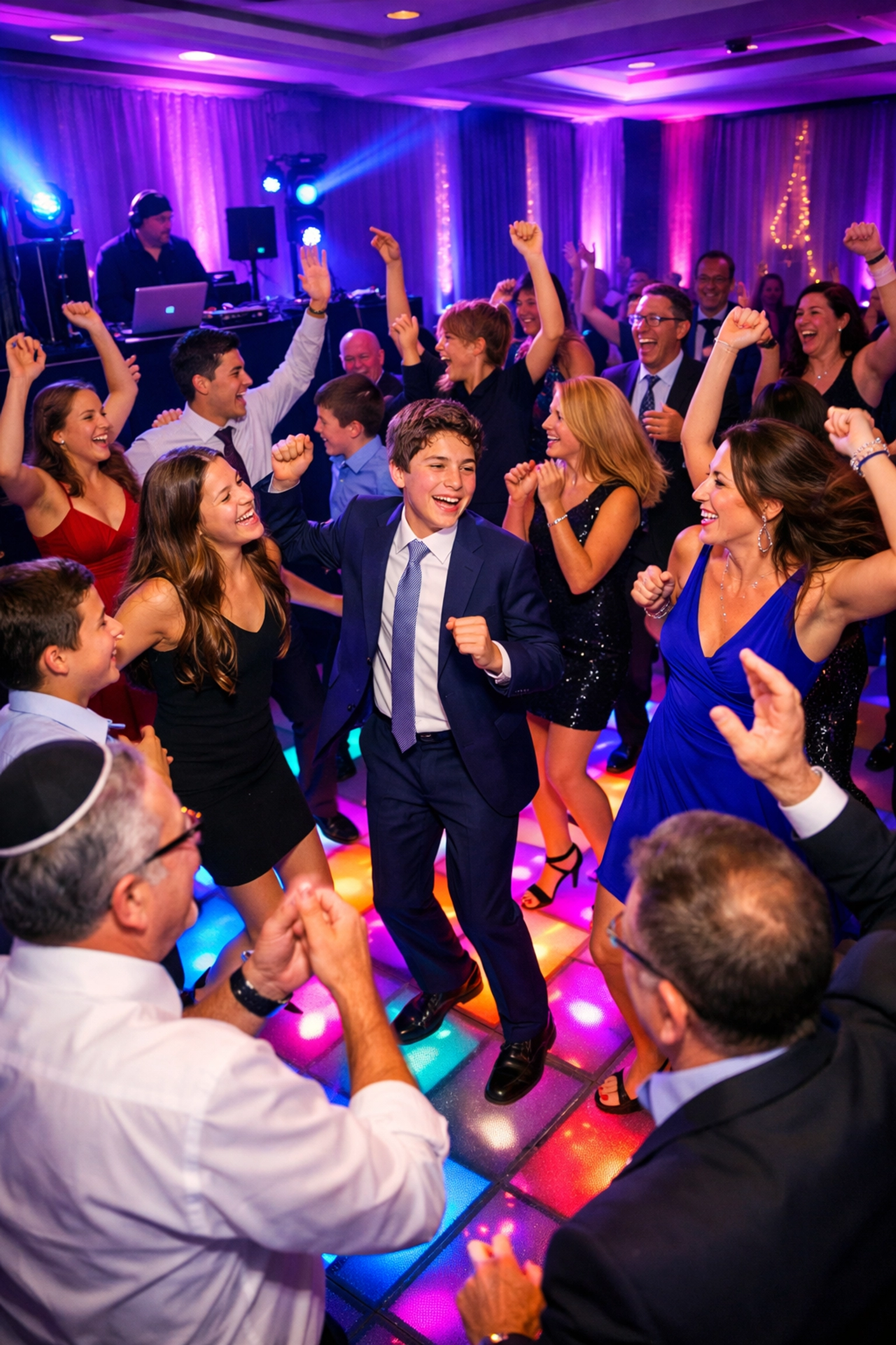 Multi-generational guests dancing at Bar Mitzvah with professional DJ and uplighting