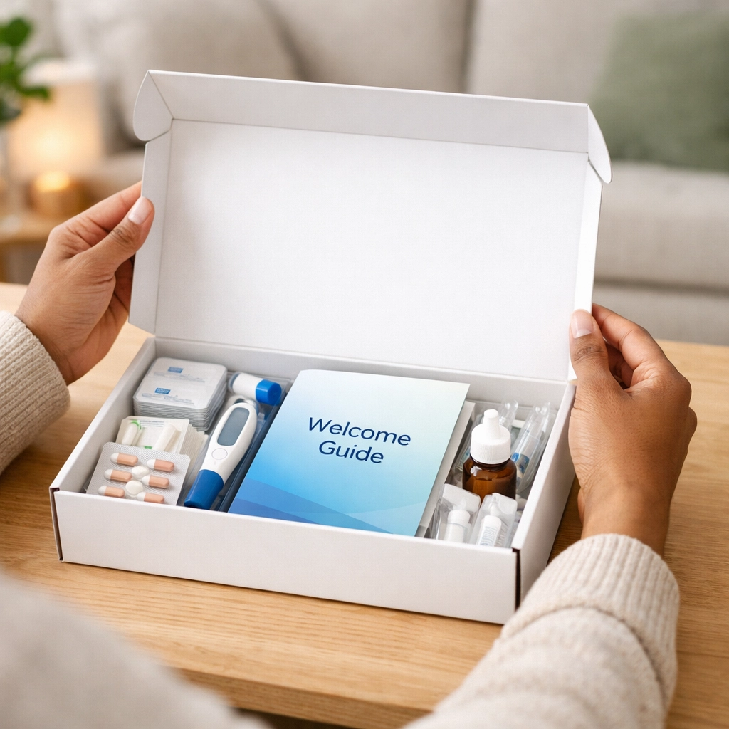 Hands opening a discreet medical weight loss delivery box at home, representing easy telemedicine shipping.