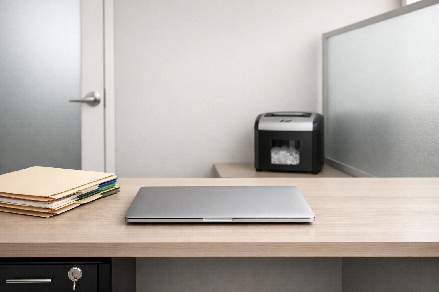 Secure professional tax office setup featuring organized client files and data protection tools.