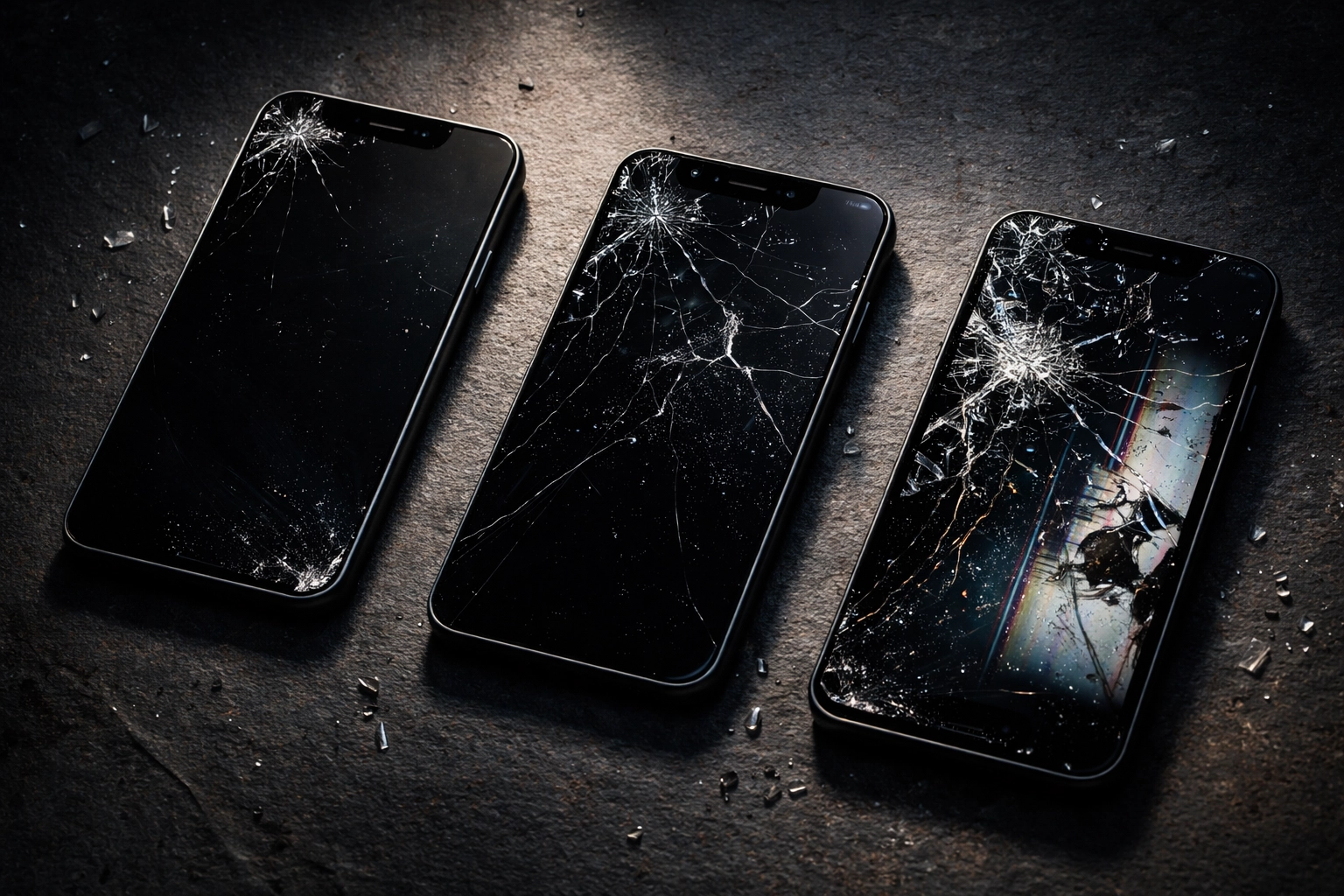 Progressive close-up of an iPhone screen crack spreading from minor to severe damage, emphasizing the cost of delayed phone screen repair in Brooklyn