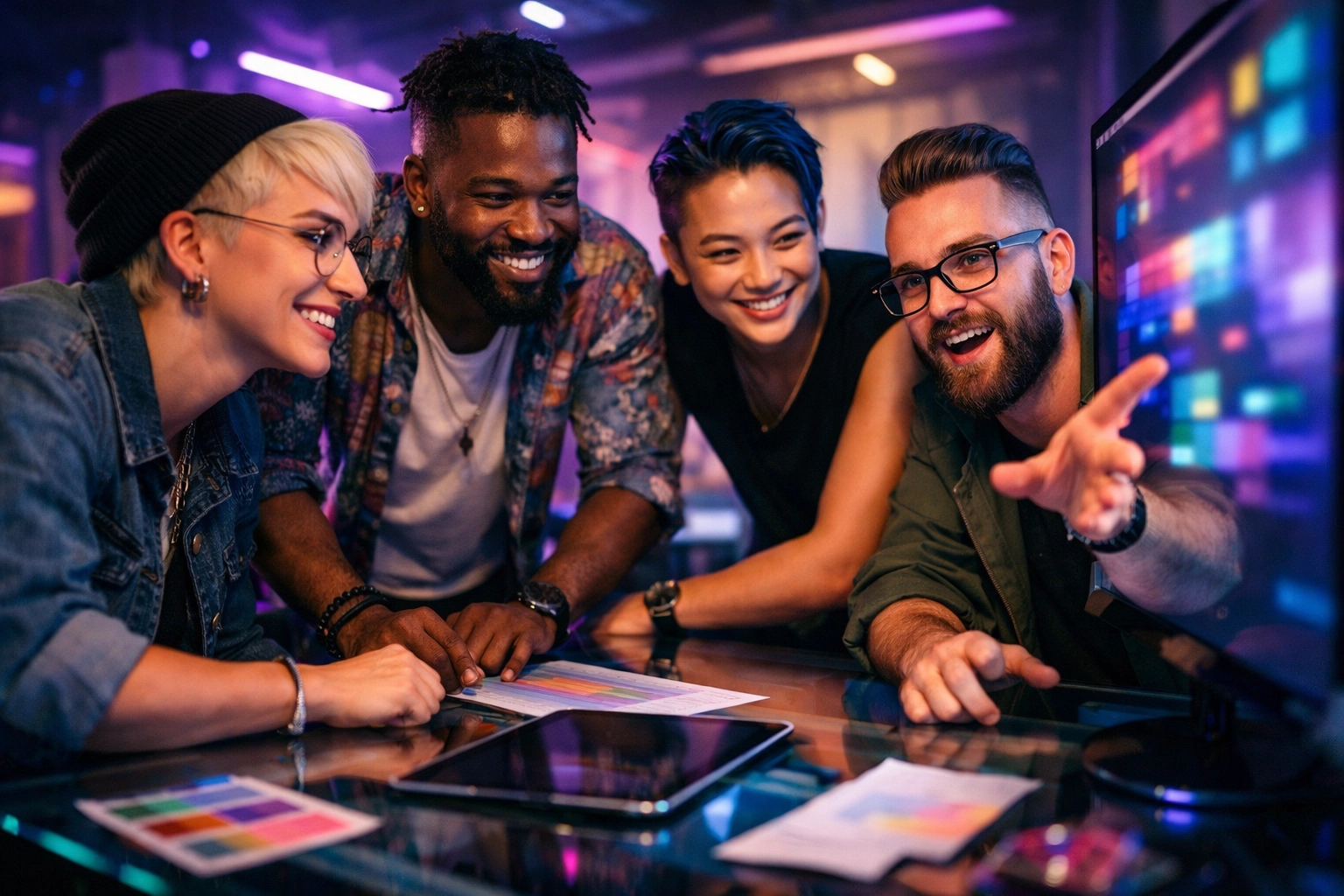 A diverse group of LGBTQ+ professionals collaborating and demonstrating queer leadership in a creative workspace.