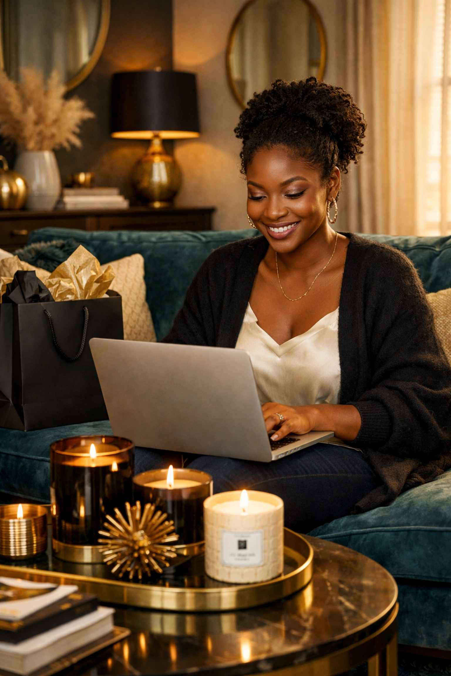 Woman shopping online from Black-owned businesses on laptop at home